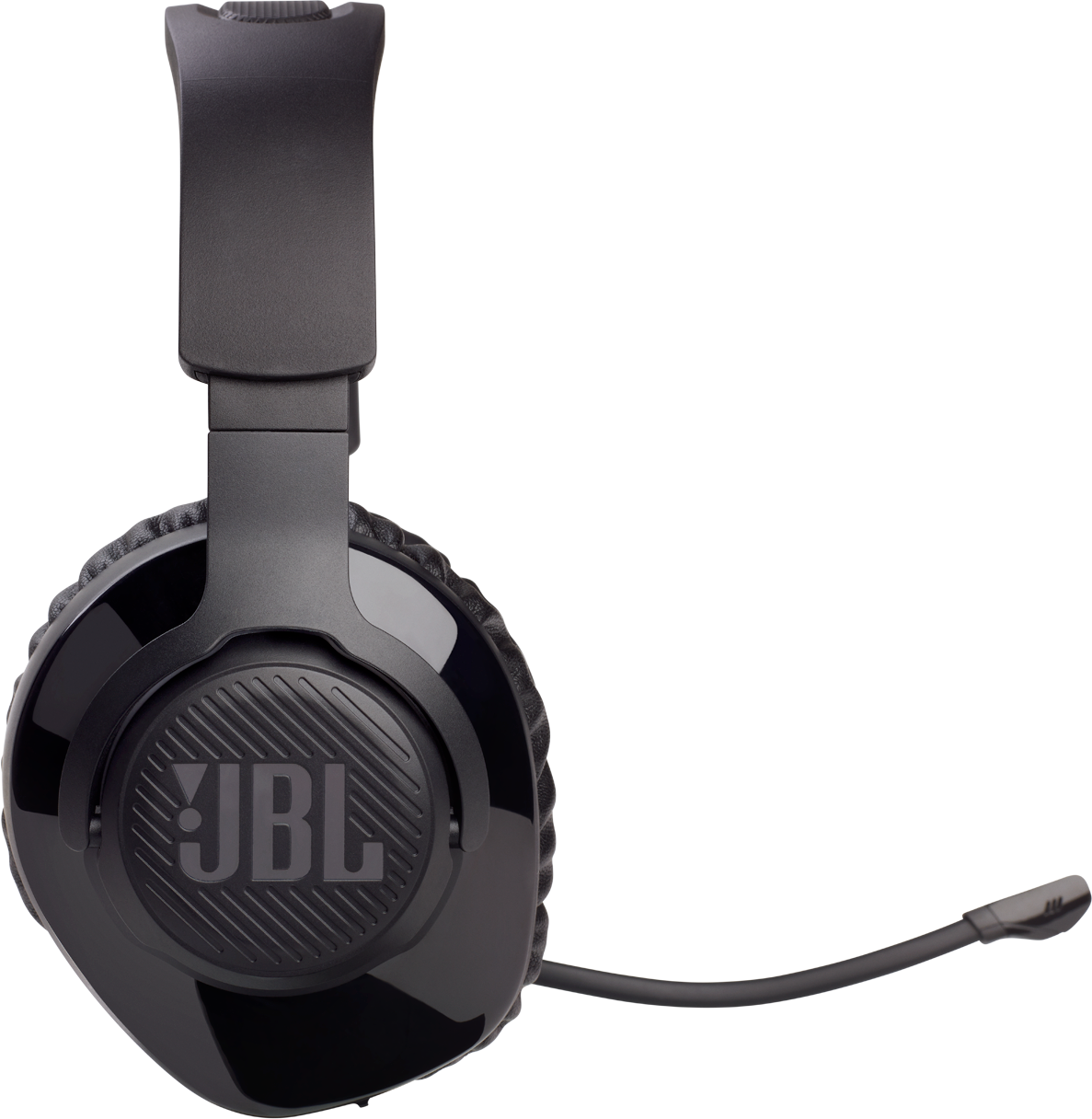 Schwarzer JBL-Kopfhörer mit Mikrofon. Headset-Design, mit links herausragendem Mikrofon.
