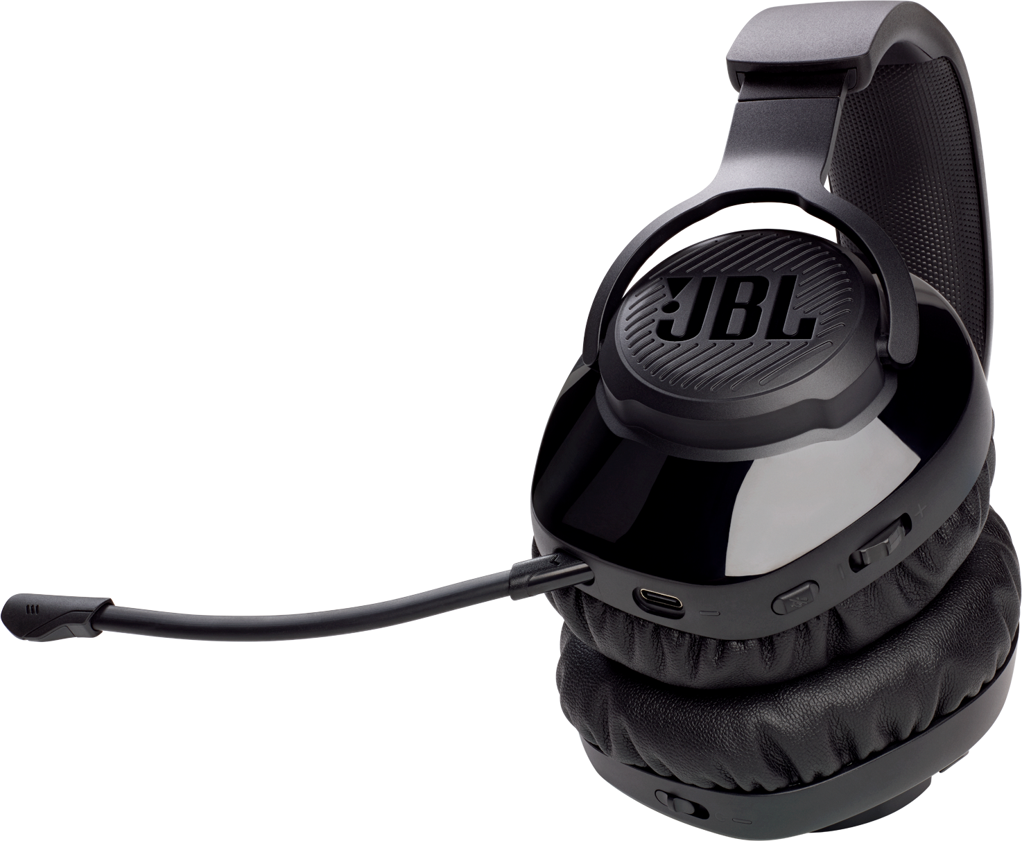 Schwarzes JBL-Headset mit ausgefahrenem Mikrofon. Es hat eine glänzende schwarze Oberfläche und ist weiß.