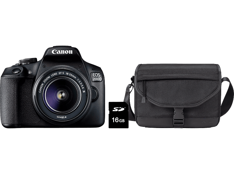 Canon EOS 2000D Spiegelreflexkamera mit EF-S 18-55mm 3.5-5.6 III, Tasche SB130 und 16GB Speicherkarte; Spiegelreflexkamera Set