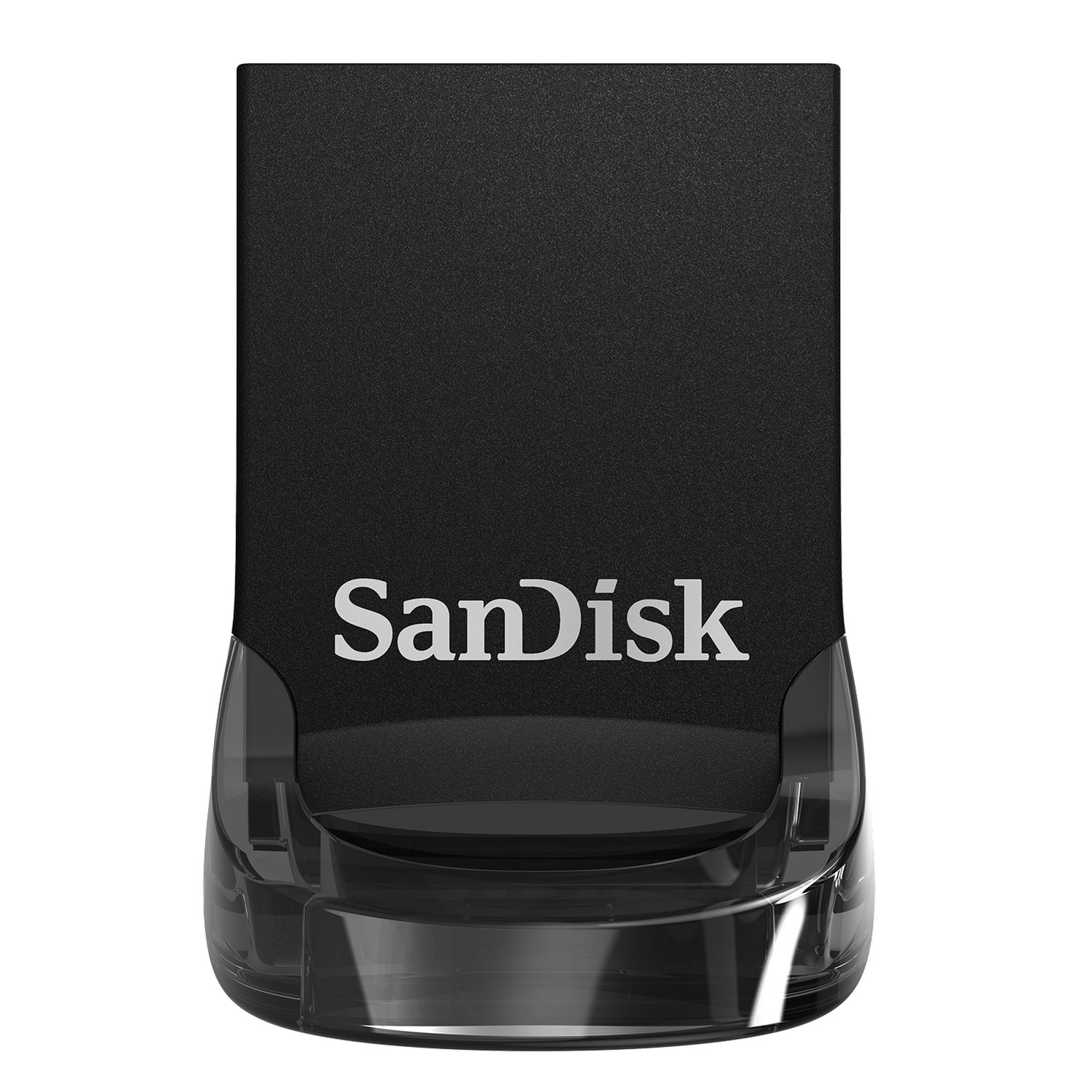 Unidad USB Sandisk negra con el nombre de la marca Sandisk en blanco.