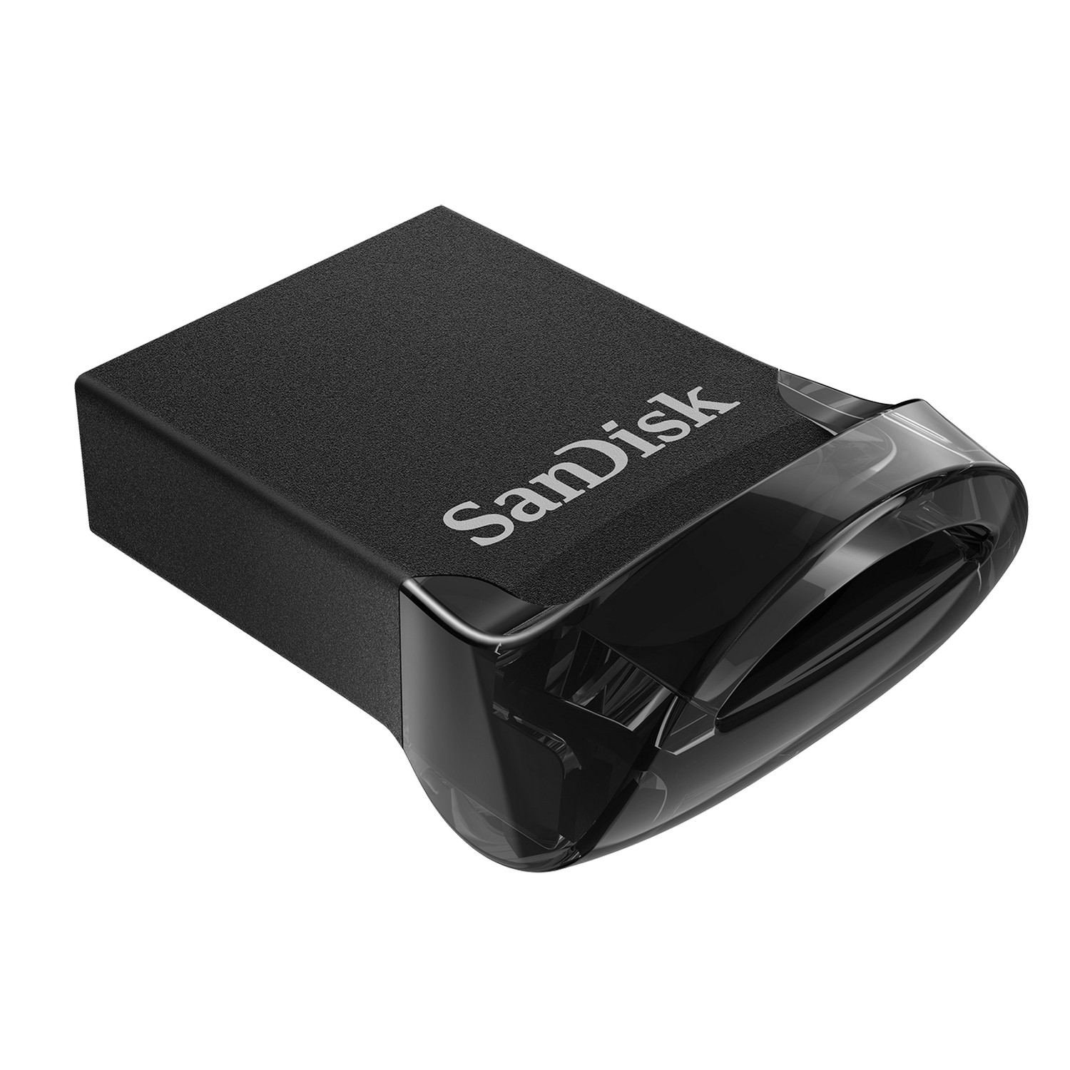 Una unidad USB Sandisk negra con una cubierta protectora de plástico transparente, vista en ángulo.