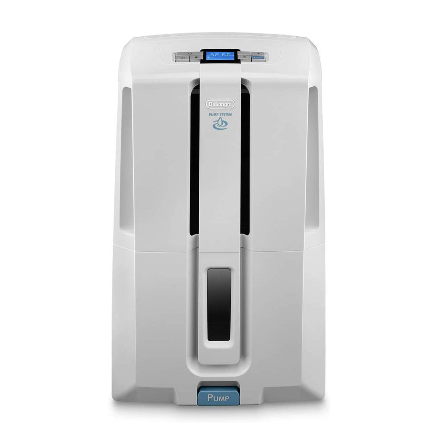 Deumidificatore DeLonghi bianco. Ha un display digitale e un sistema di pompaggio.
