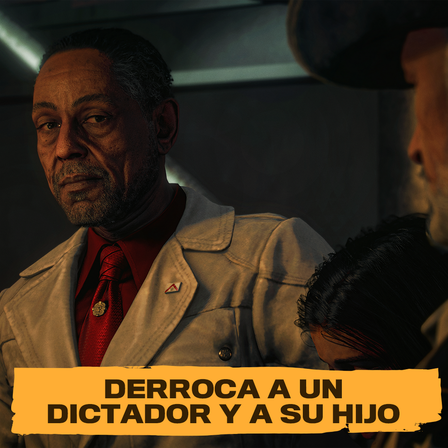 Hombre con abrigo blanco y corbata roja, y texto: Derrota a un Dictador y a su hijo.
