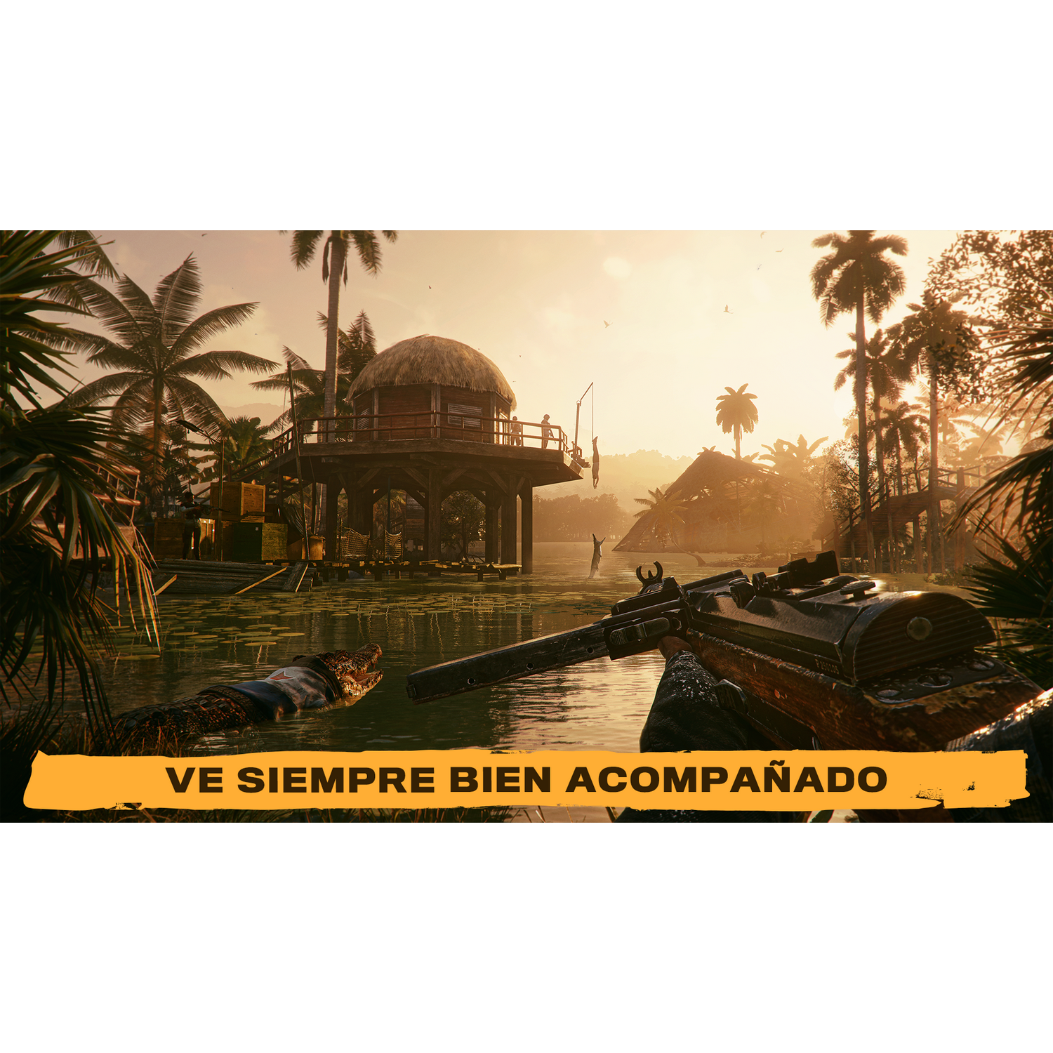 Vista en primera persona de un arma apuntando a una escena de la jungla con una cabaña y persona a lo lejos.