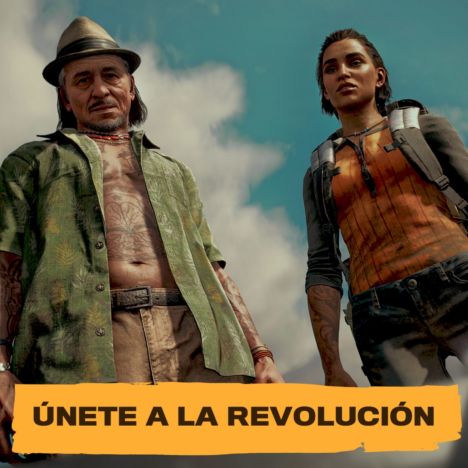 Dos personas de pie, una con sombrero y otra con mochila, con una frase en español en la parte inferior.