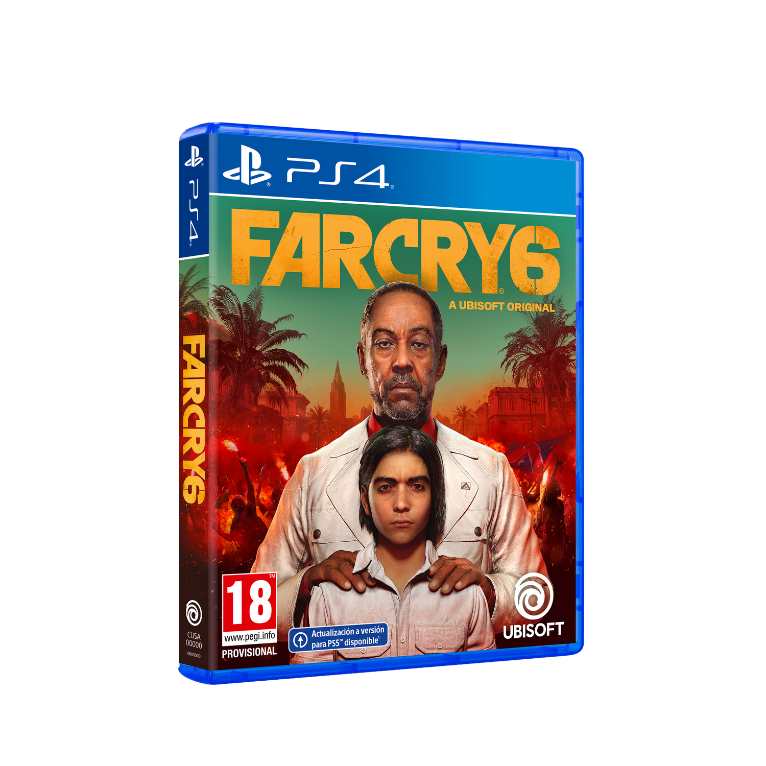 Caja del juego Far Cry 6. La portada muestra un hombre y un niño, en medio de un fondo de fuego.