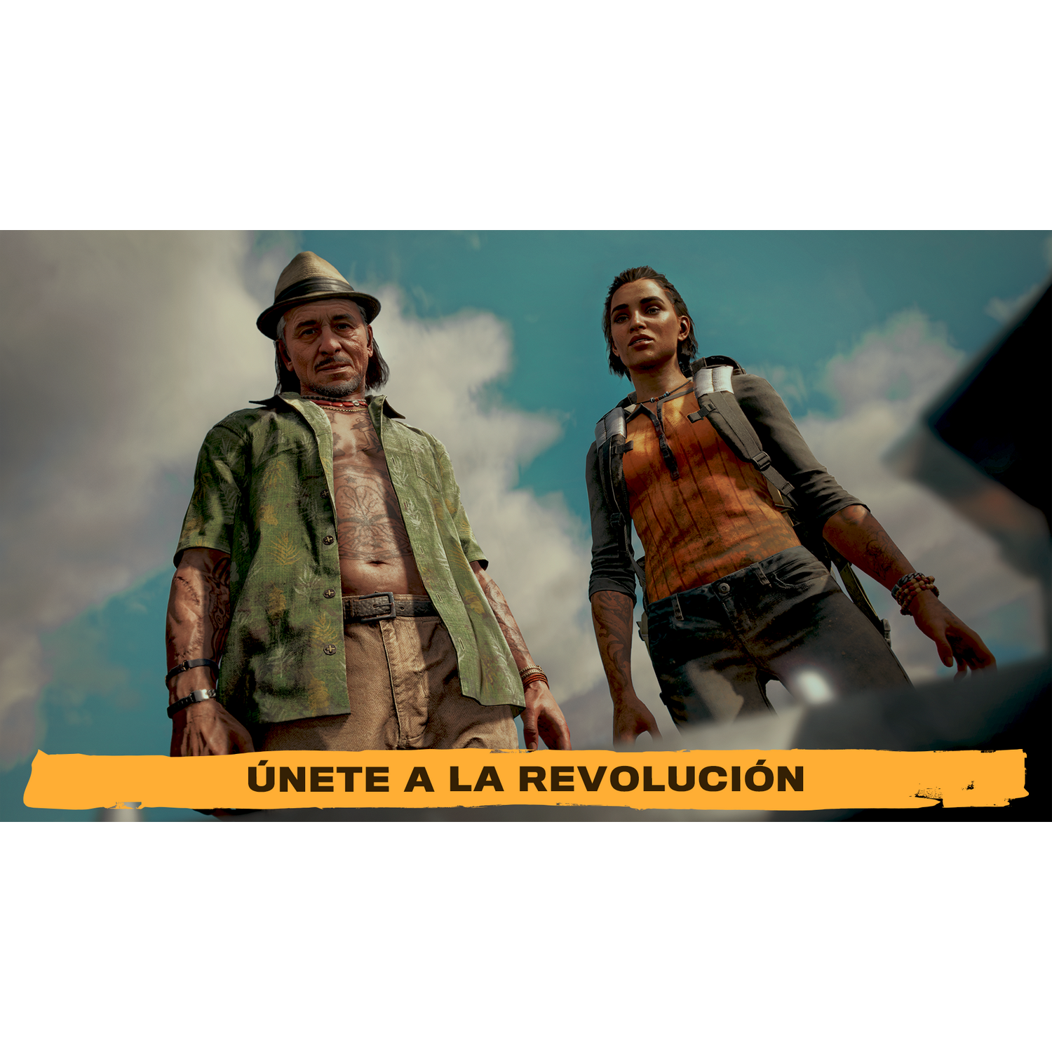 Dos personas de pie en un campo, el texto "ÚNETE A LA REVOLUCIÓN" en una pancarta amarilla.