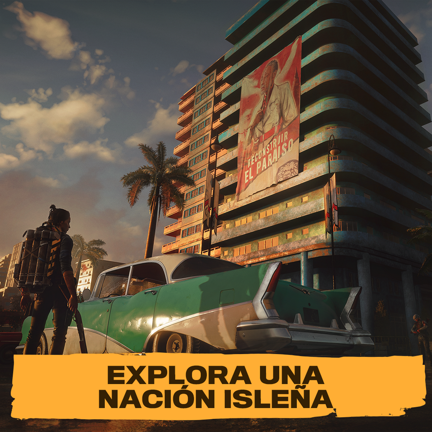 Un coche antiguo frente a un edificio con un cartel. El texto "EXPLORA UNA NACIÓN ISLEÑA" es amarillo.