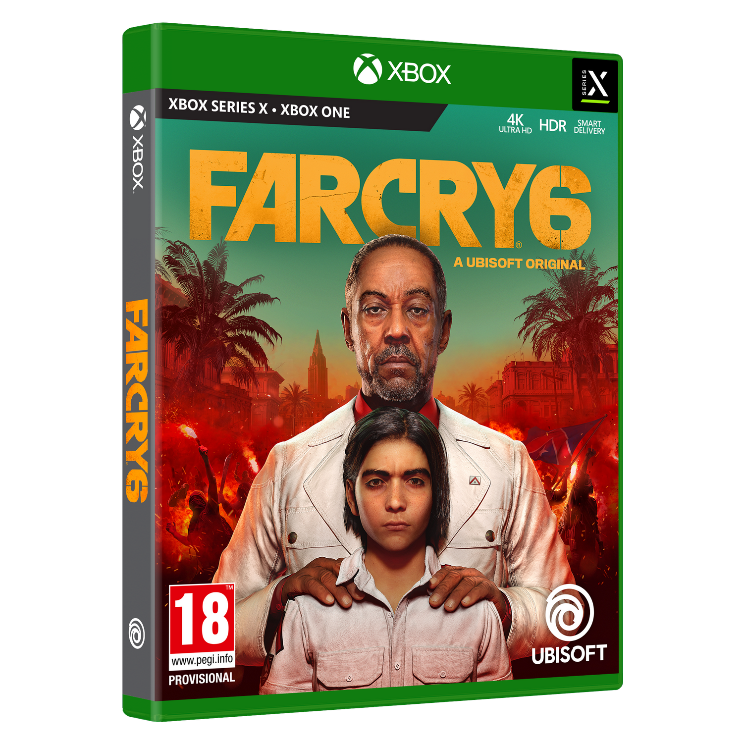 Caja del juego Far Cry 6, persona en la portada, logotipo de Xbox Series X/Xbox One.