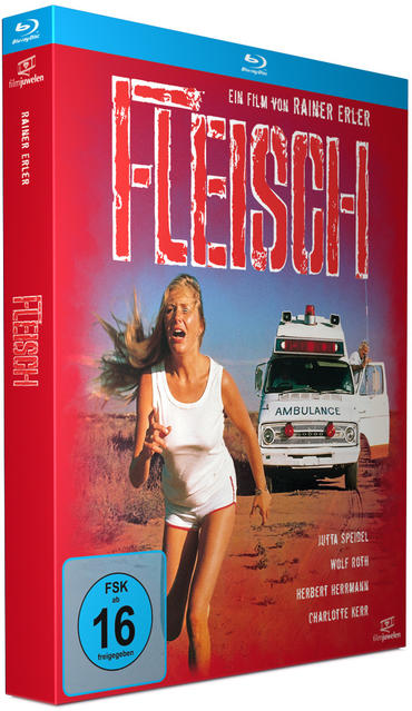 DVD-Cover für den Film F-Fleisch, mit einer Frau, die vor einem Krankenwagen flieht.