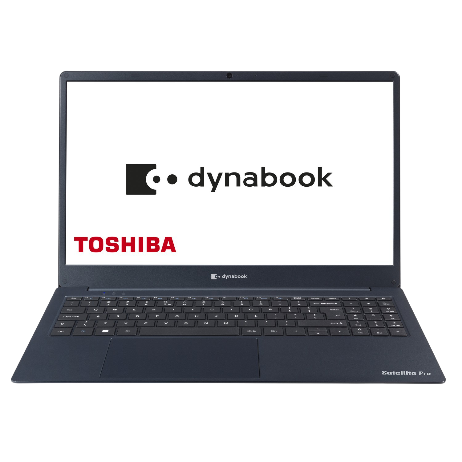 Un portátil Dynabook azul oscuro sobre fondo blanco con la pantalla encendida.