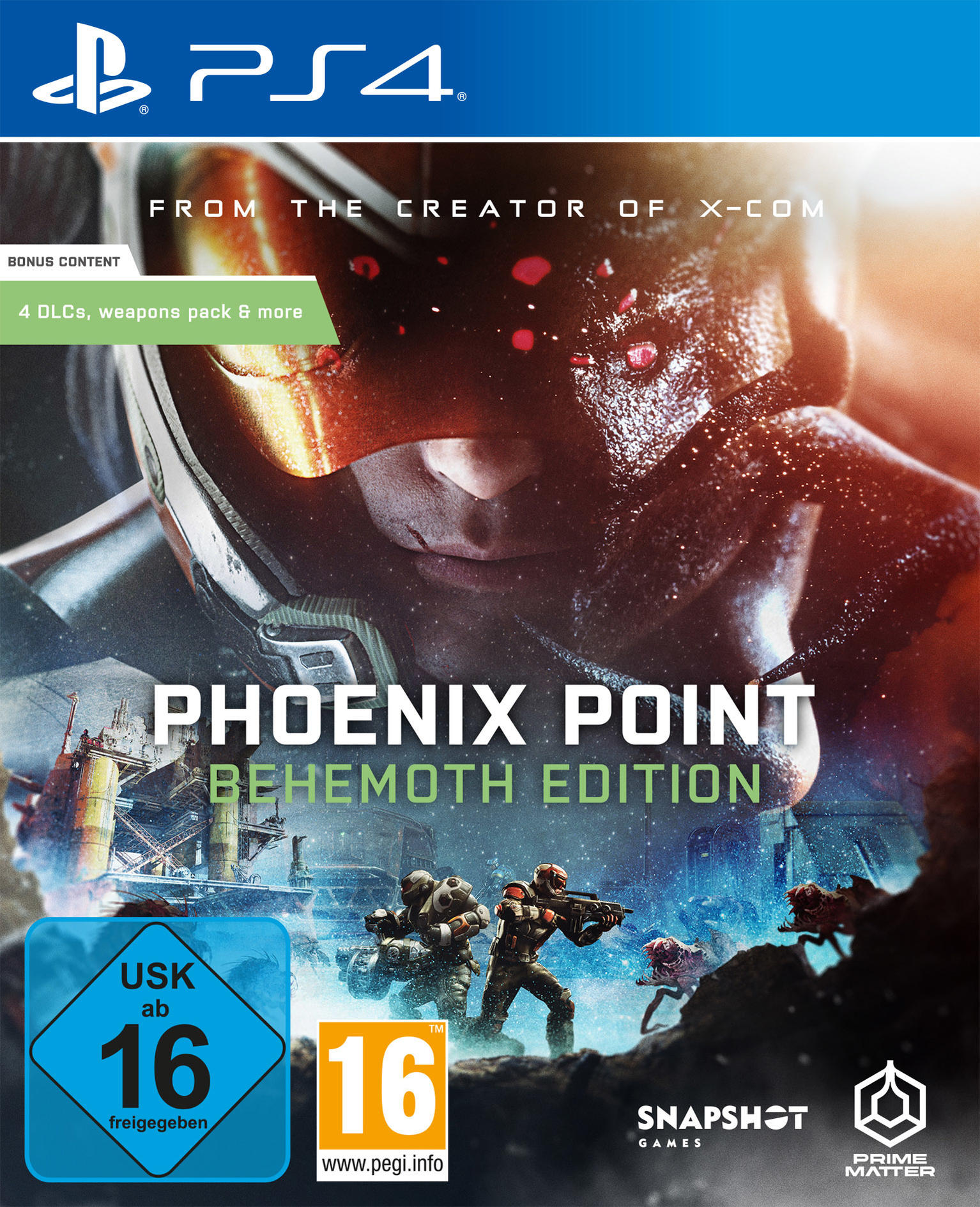 Spielcover von 'Phoenix Point: Behemoth Edition'. Enthält Soldaten und Kreaturen, mit PS4-Logo und USK-Einstufung.