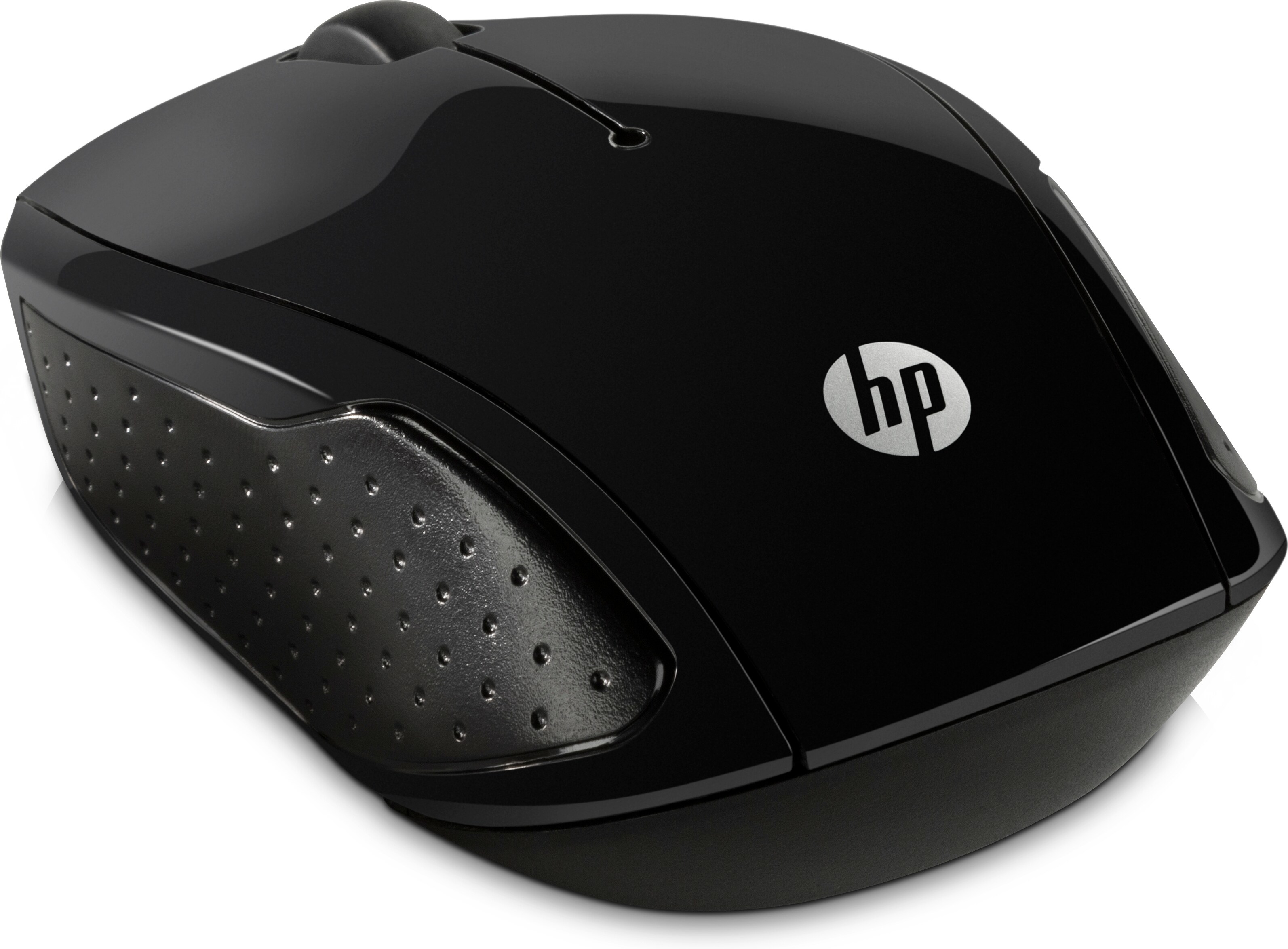 Black HP wireless mouse with a glossy finish and textured side grips.