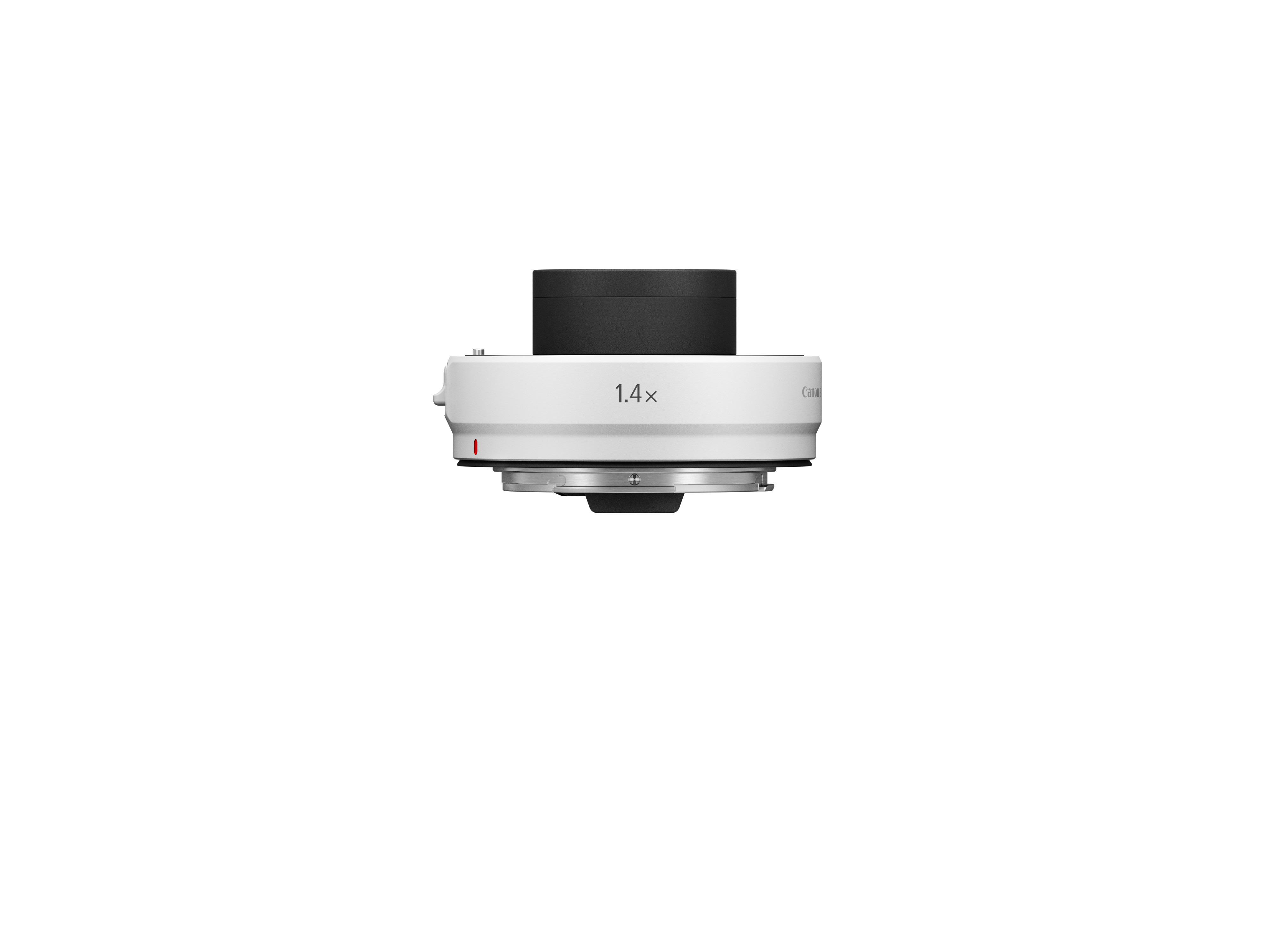 Ein weißes Canon 1,4x Objektiv wird vor weißem Hintergrund gezeigt.