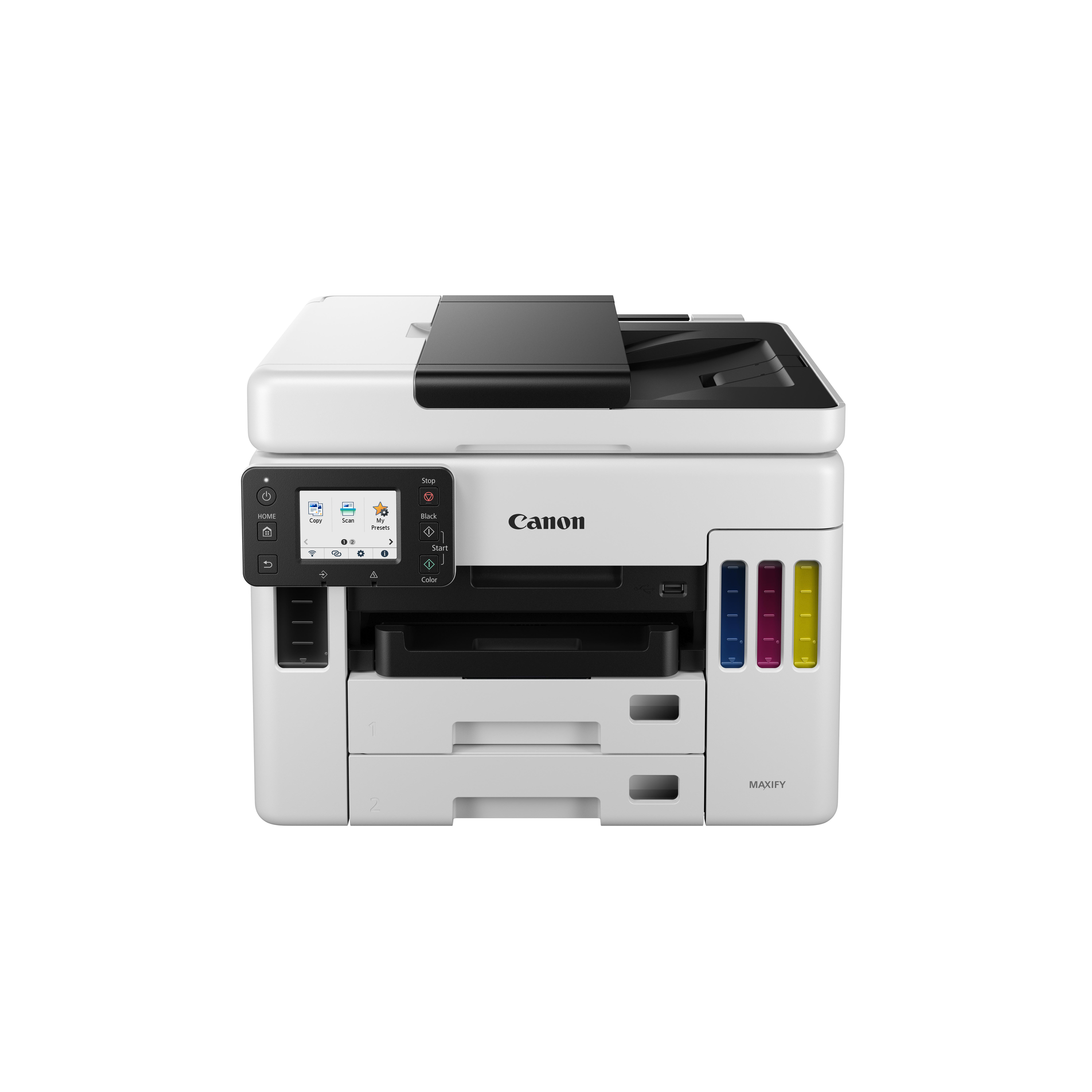Canon MAXIFY Drucker. Weißes Gehäuse mit schwarzer Oberseite, Bedienfeld und Tintenbehältern. Auf weißem Grund.