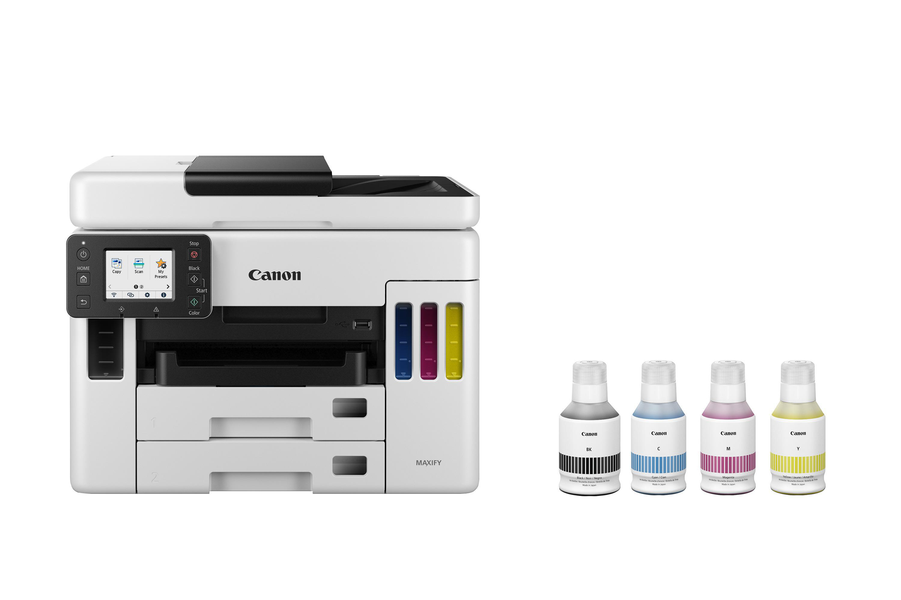 Weißer Canon-Drucker mit Tintenflaschen. Drucker hat Bedienfeld. Vier Tintenflaschen daneben.