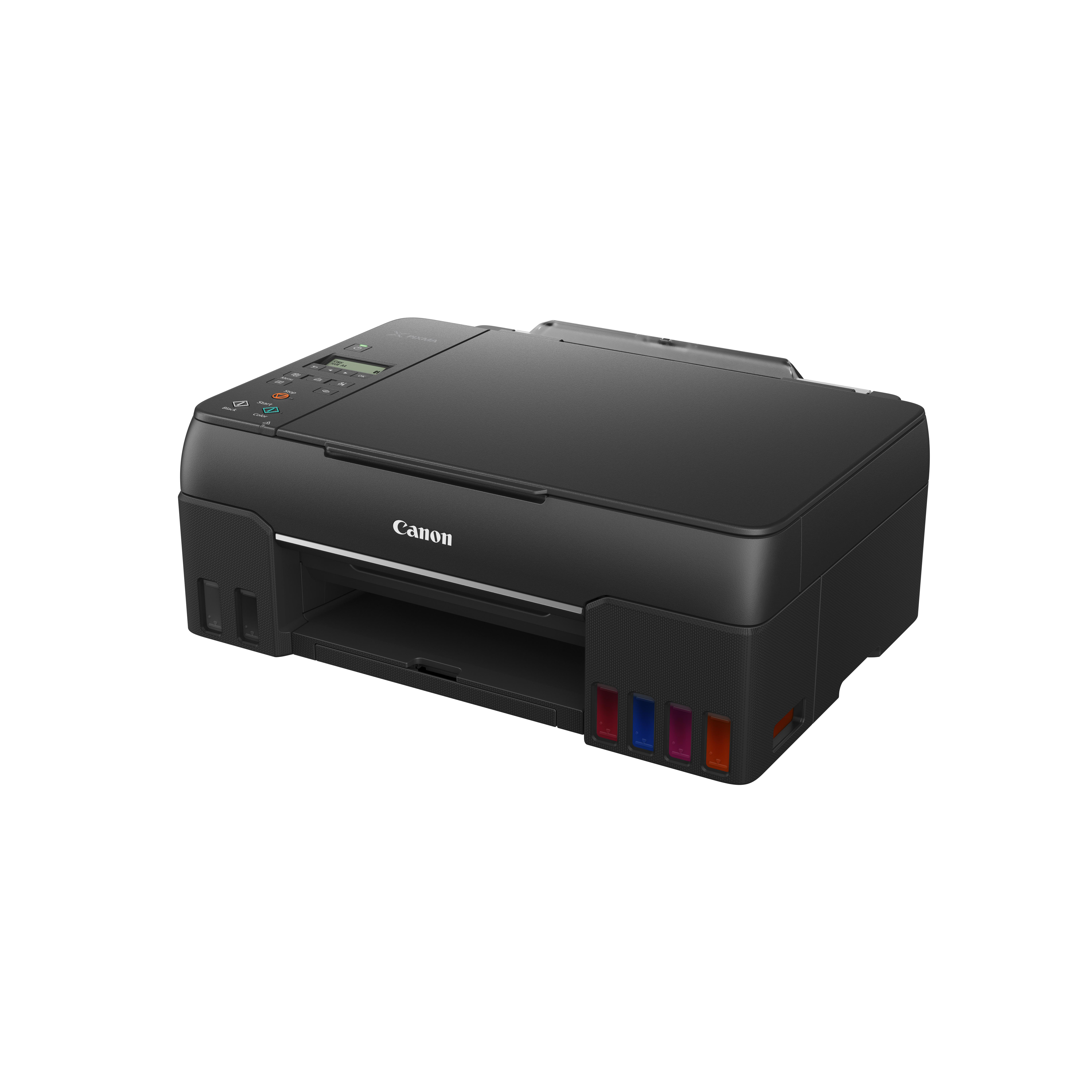 Schwarzer Canon-Drucker. Tintenpatronen sind an der Seite sichtbar.