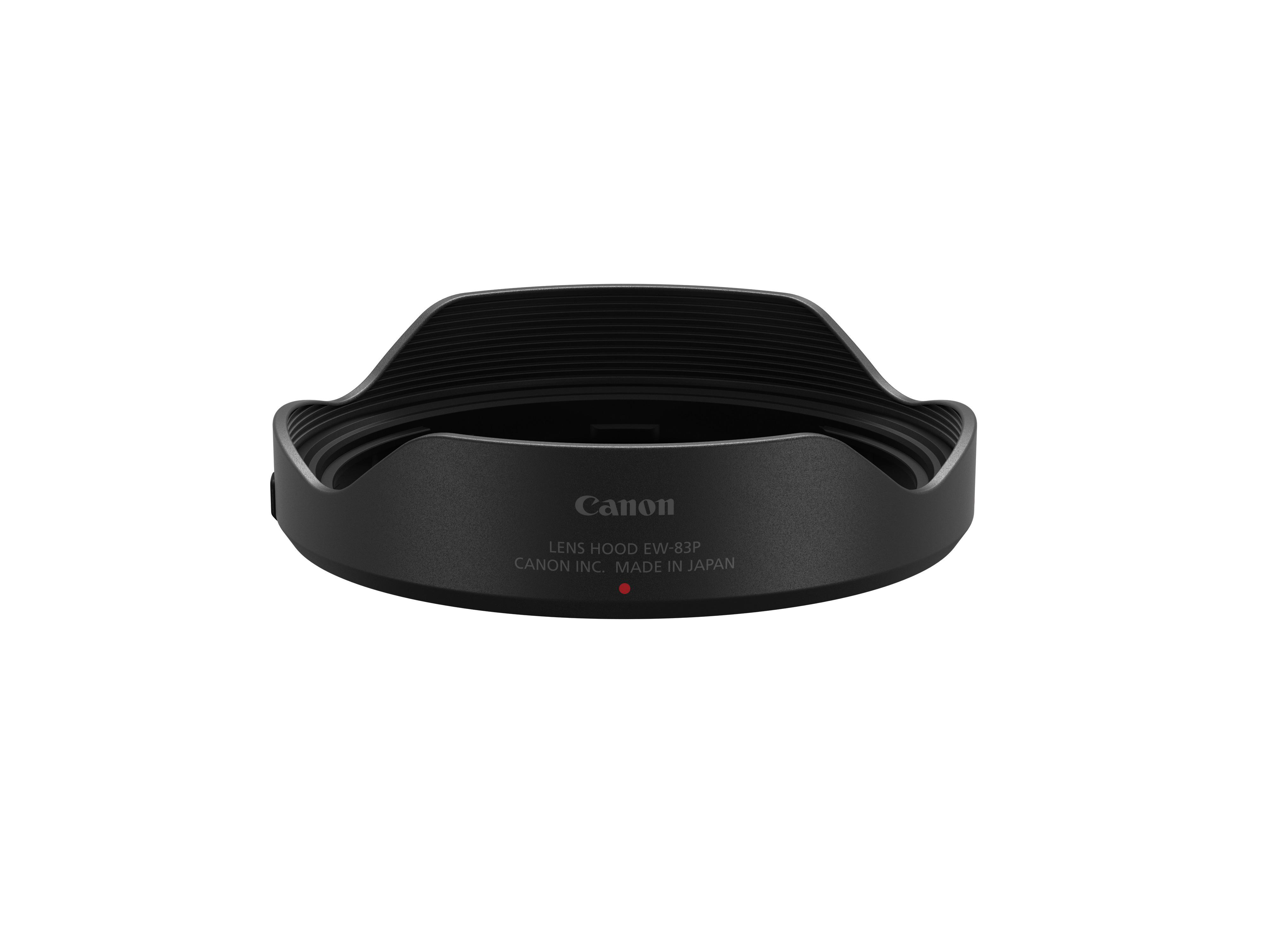 Schwarze Objektivsonnenblende für eine Kamera mit 'Canon'-Text und rotem Punkt, isoliert auf Weiß.