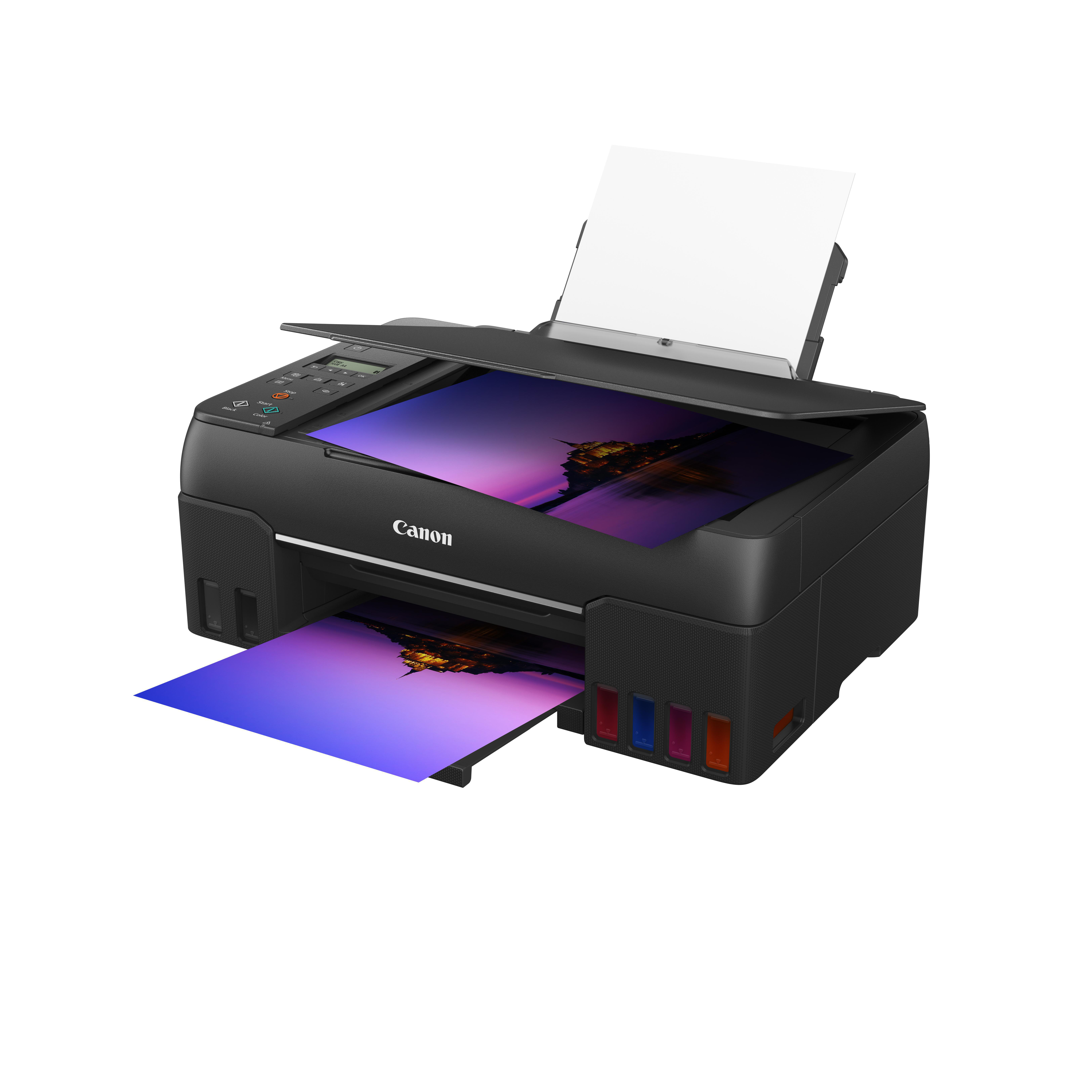 Schwarzer Canon-Drucker mit Papierfach. Er hat ein Farbdisplay und die Oberseite ist geöffnet.