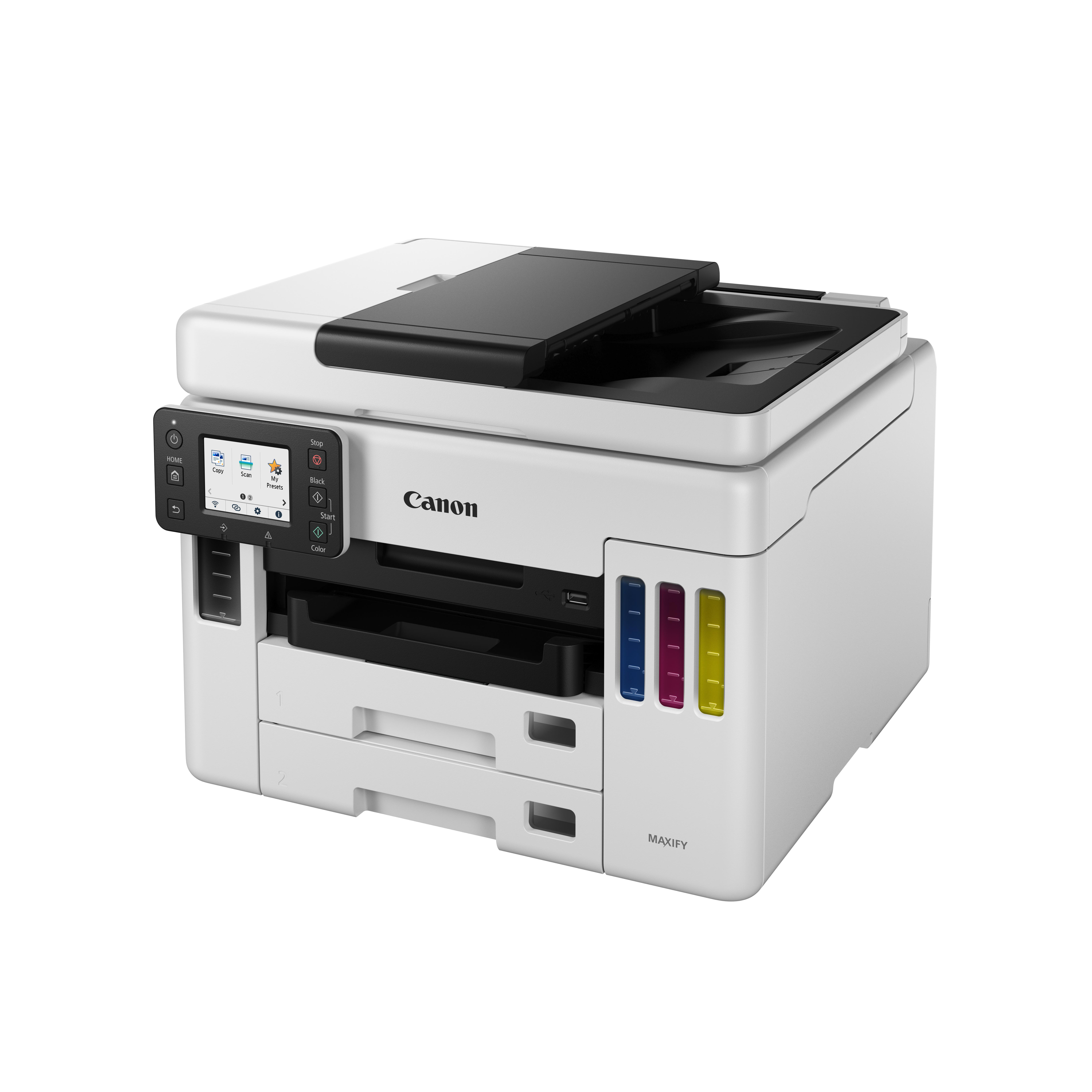 Weißer Canon MAXIFY Drucker mit Tintenpatronen und Bedienfeld.
