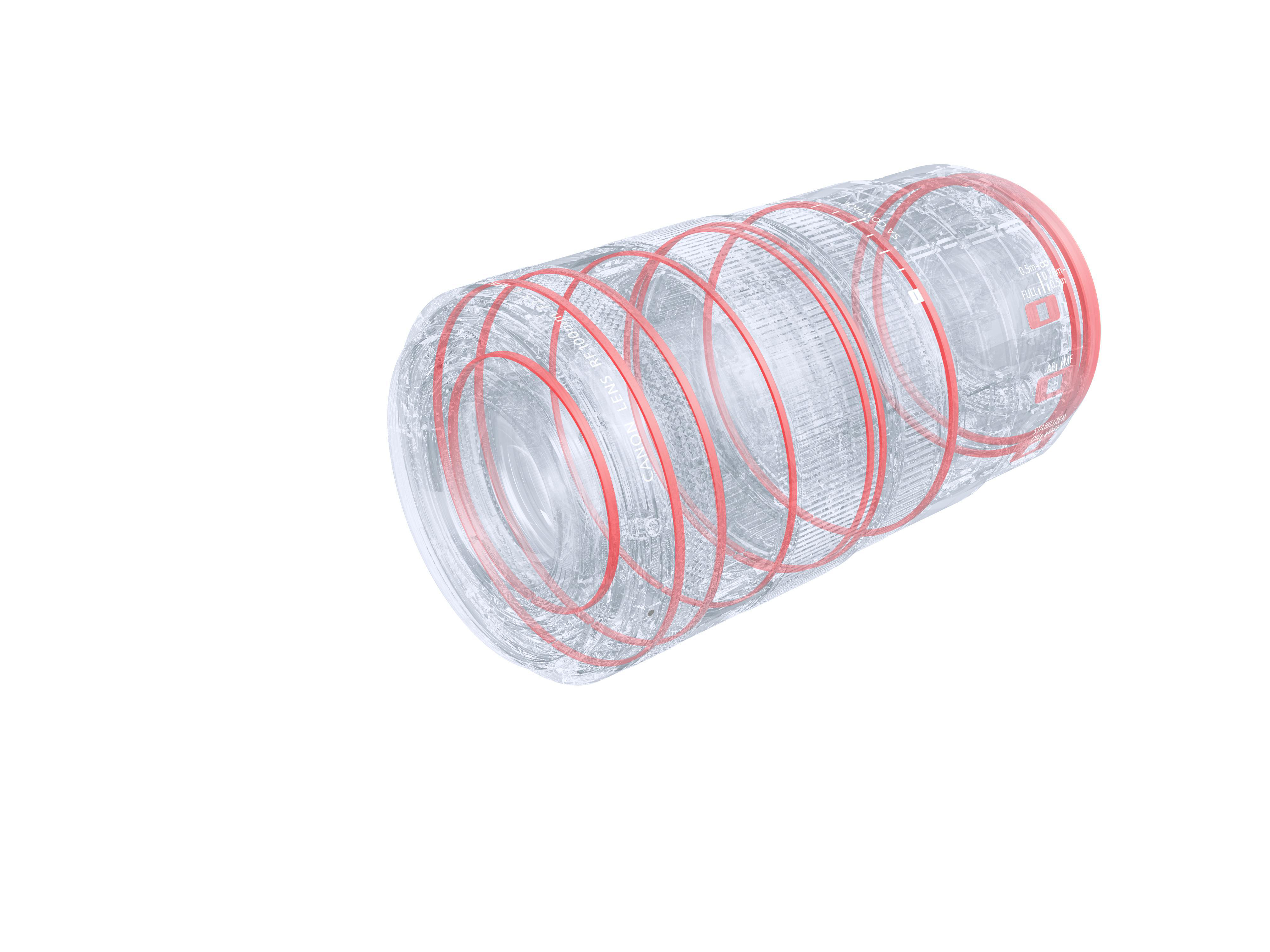 Ein transparenter Zylinder mit roten Ringen.