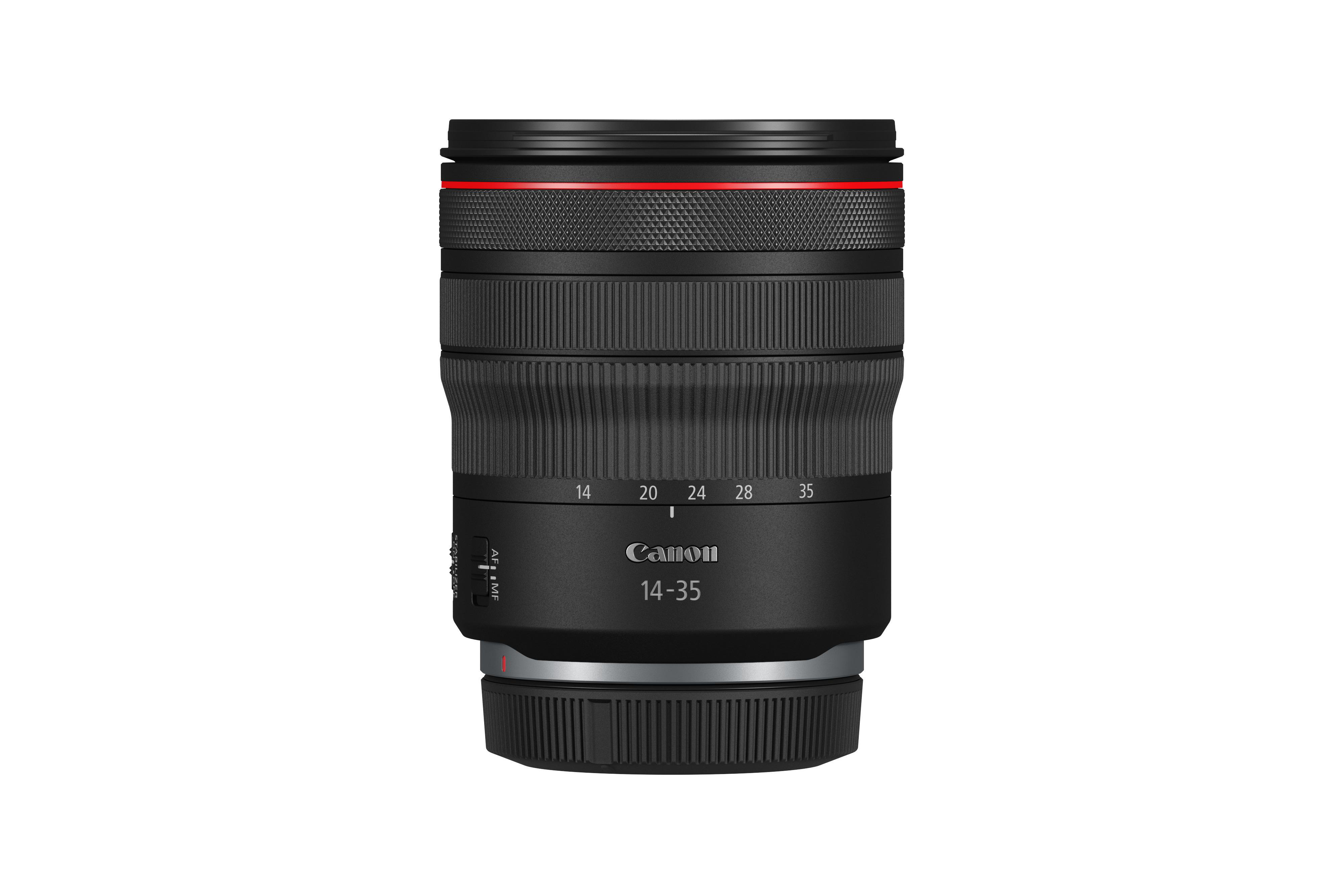 Ein Canon 14-35mm f/4L Objektiv auf weißem Hintergrund.