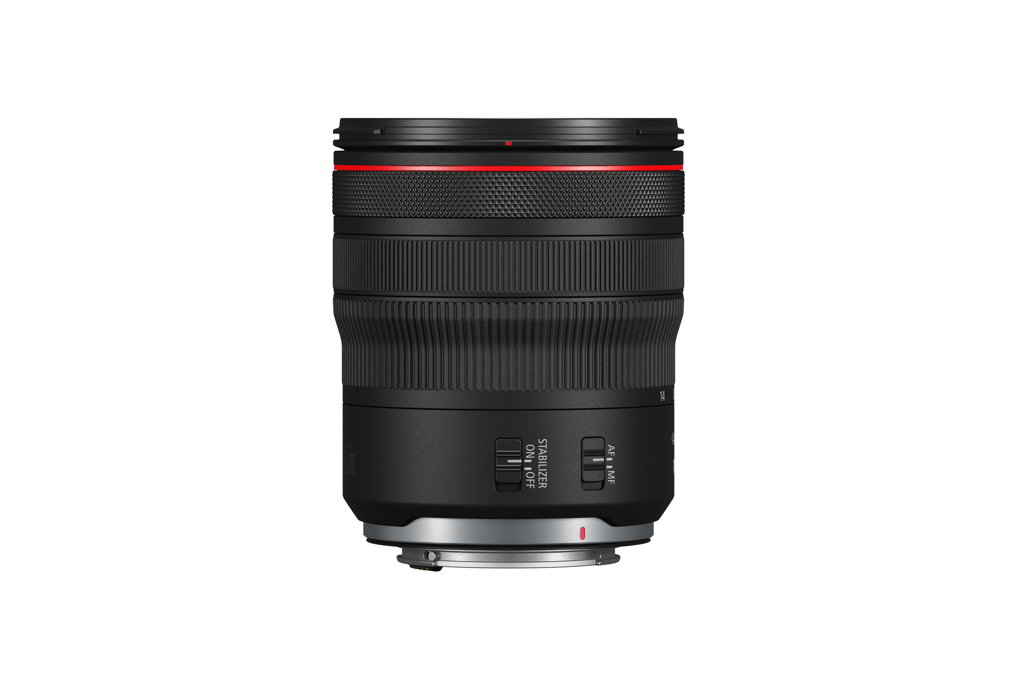 Canon RF-Objektiv, schwarzes Gehäuse mit rotem Ring, Stabilisierungs- und Fokusregler.
