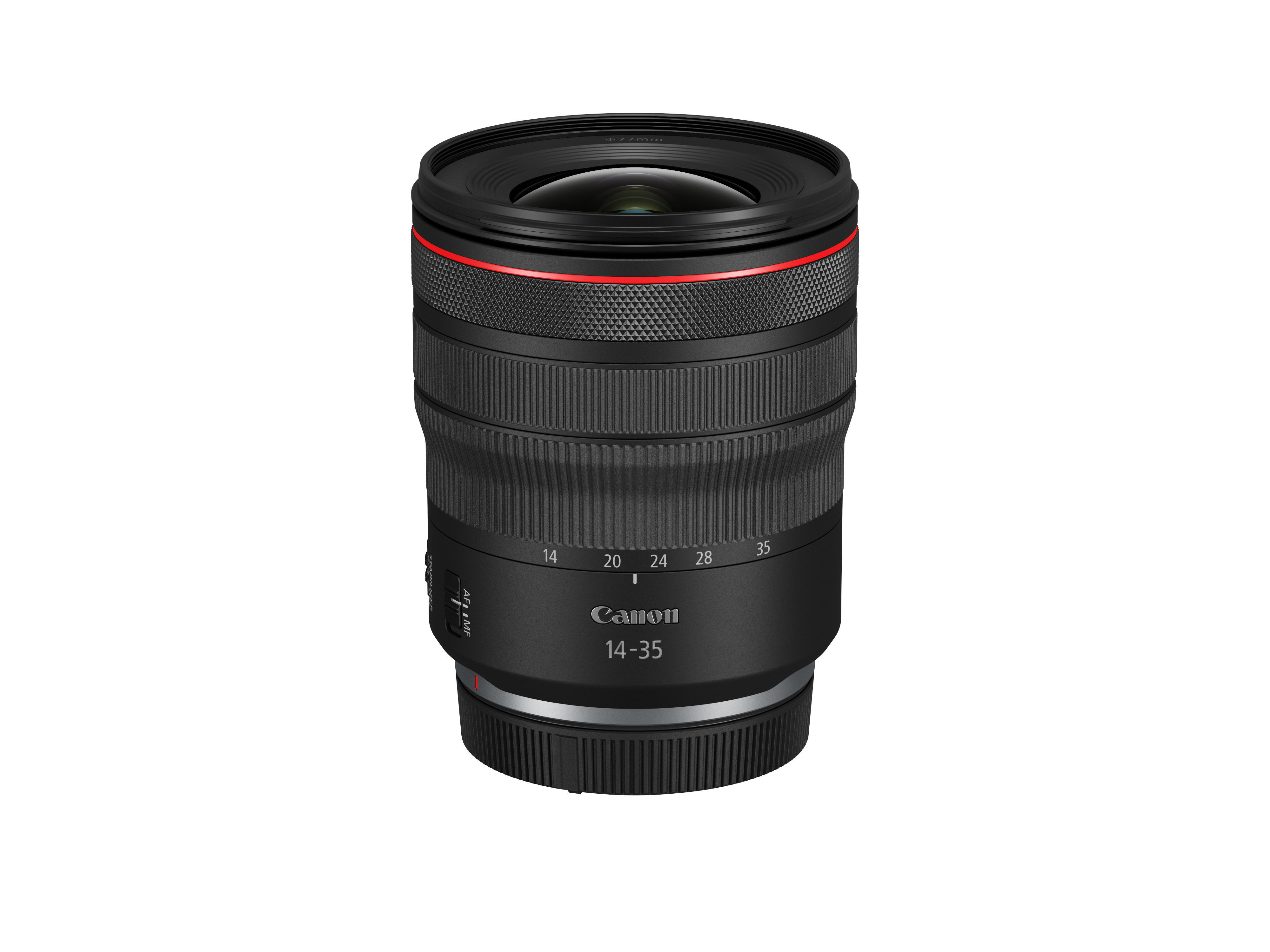 Canon RF 14-35mm Objektiv. Schwarzes Objektiv mit rotem Ring. Das Objektiv befindet sich auf weißem Hintergrund.