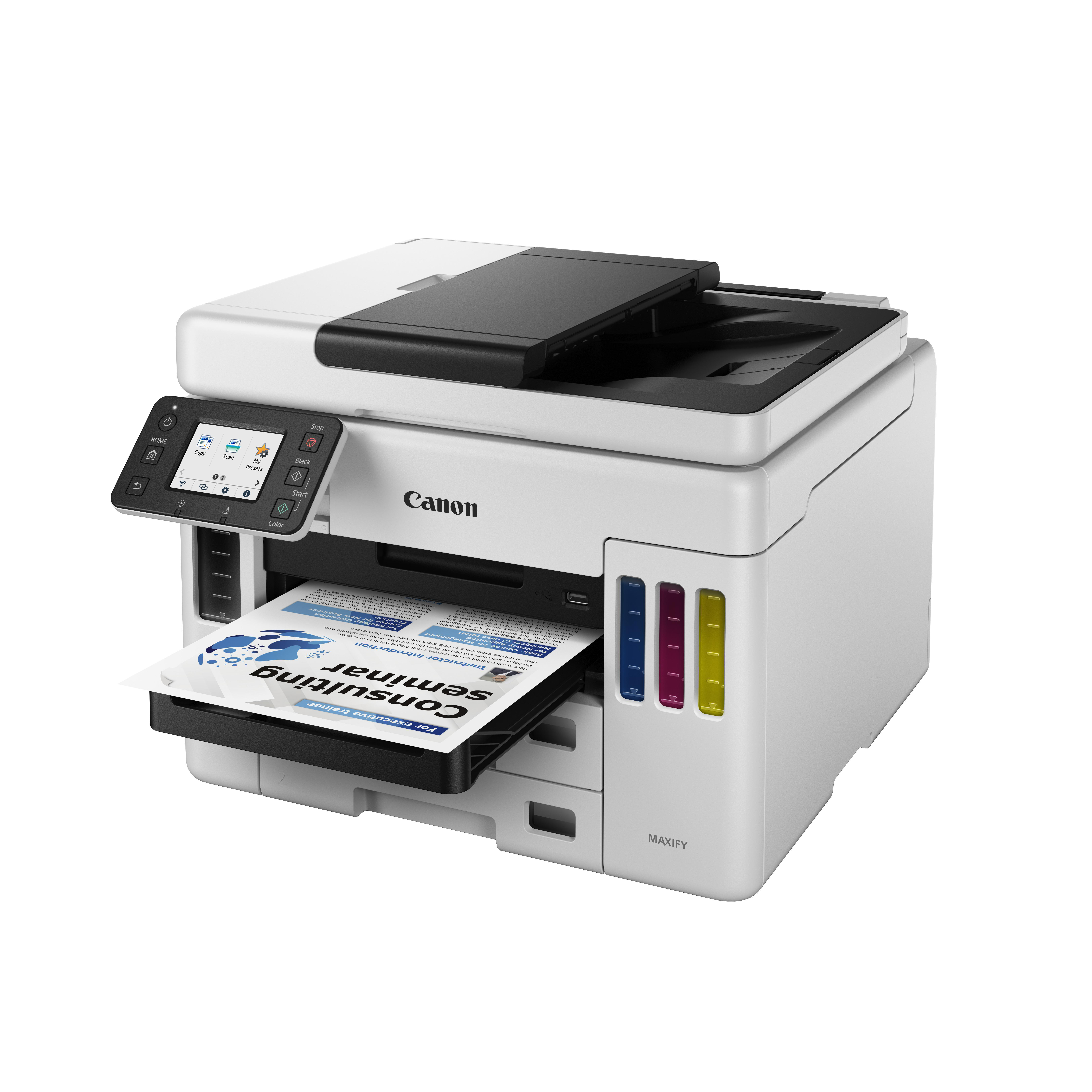 Canon MAXIFY Drucker mit einem Dokumentendruck. Tintenbehälter sind rechts.
