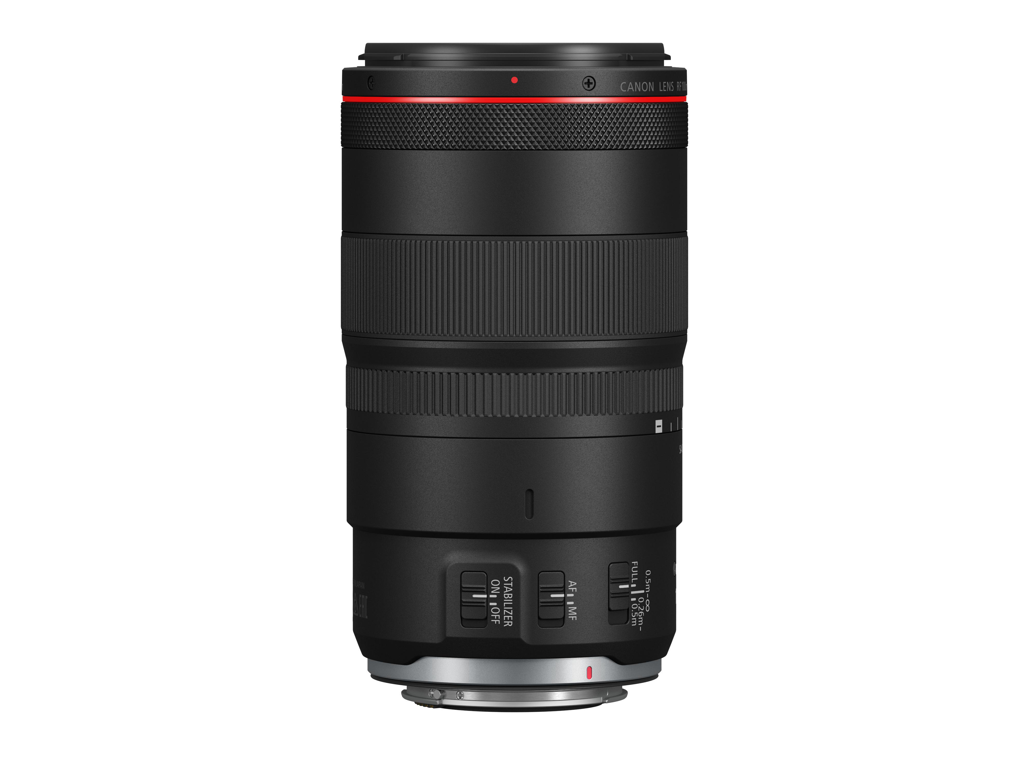 Schwarzes Kameraobjektiv mit rotem Ring, Canon-Objektiv, beschriftet: Stabilisator, AF/MF und andere Einstellungen.