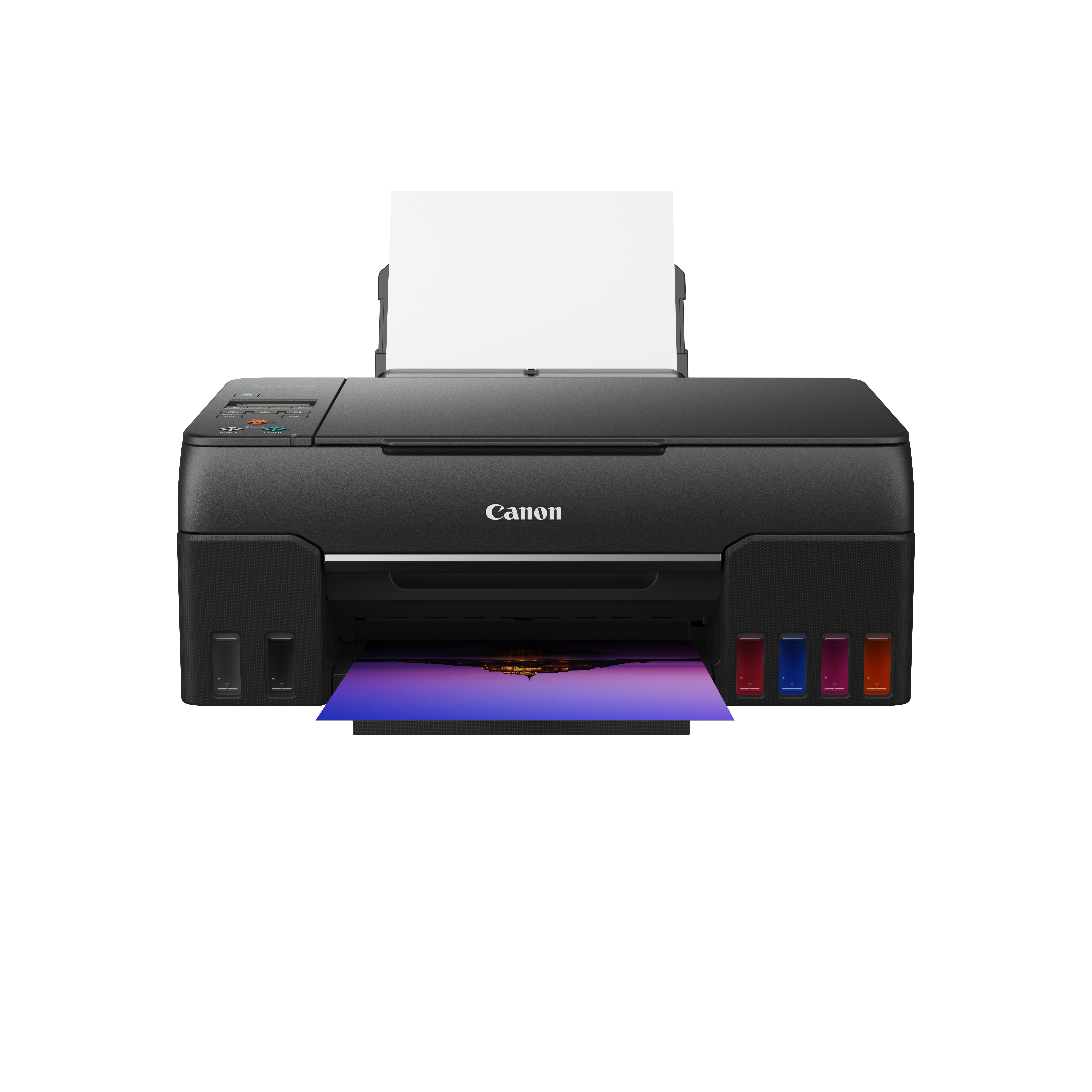 Ein schwarzer Canon-Drucker mit Papier im Fach, der ein farbenfrohes Bild druckt.