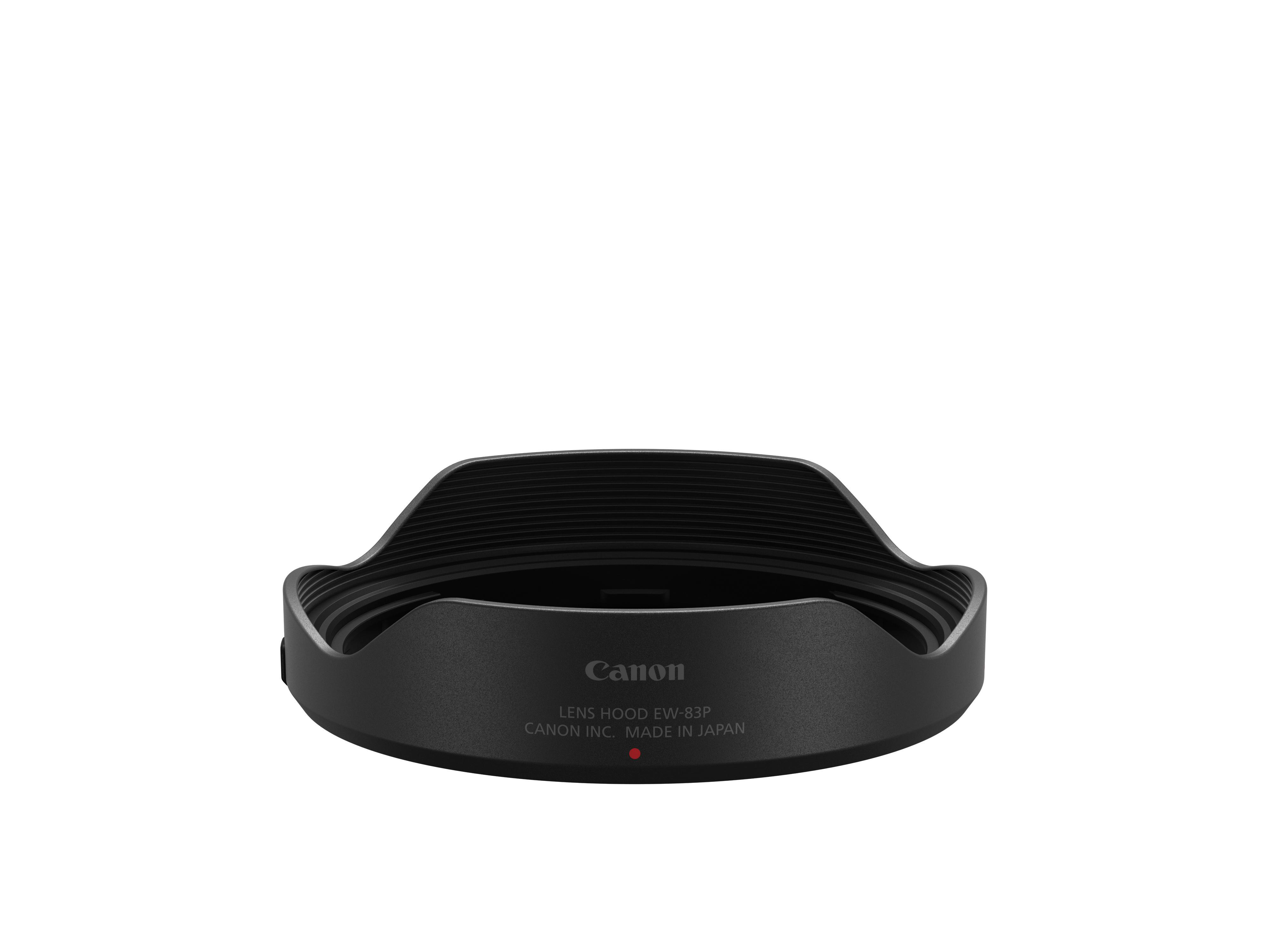 Schwarze Canon-Objektivsonnenblende, abgewinkelt, mit Canon- und Produktinformationen auf weißem Hintergrund.