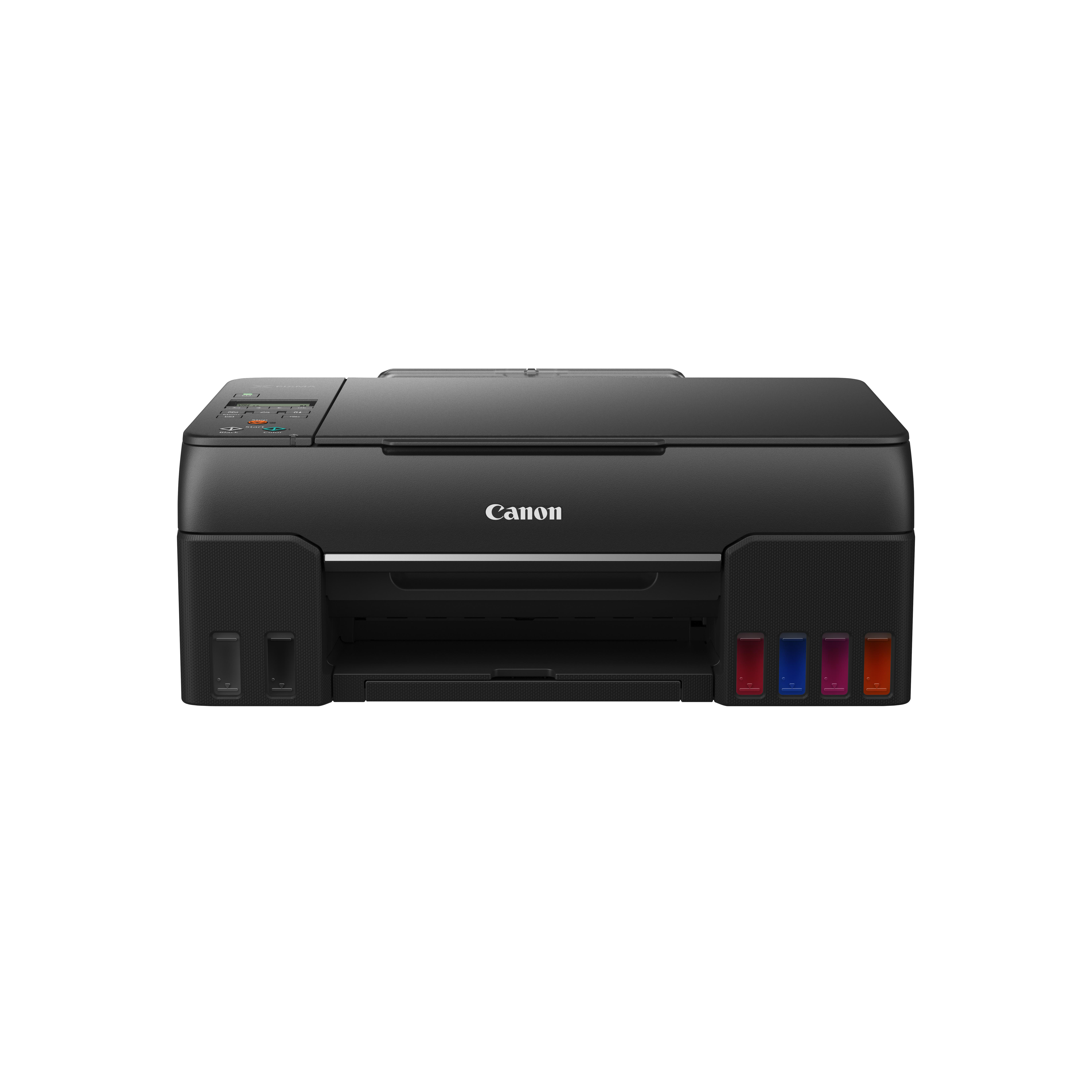 Schwarzer Canon-Drucker. Tintenbehälter und Bedienfeld sichtbar. Canon-Logo zentriert.