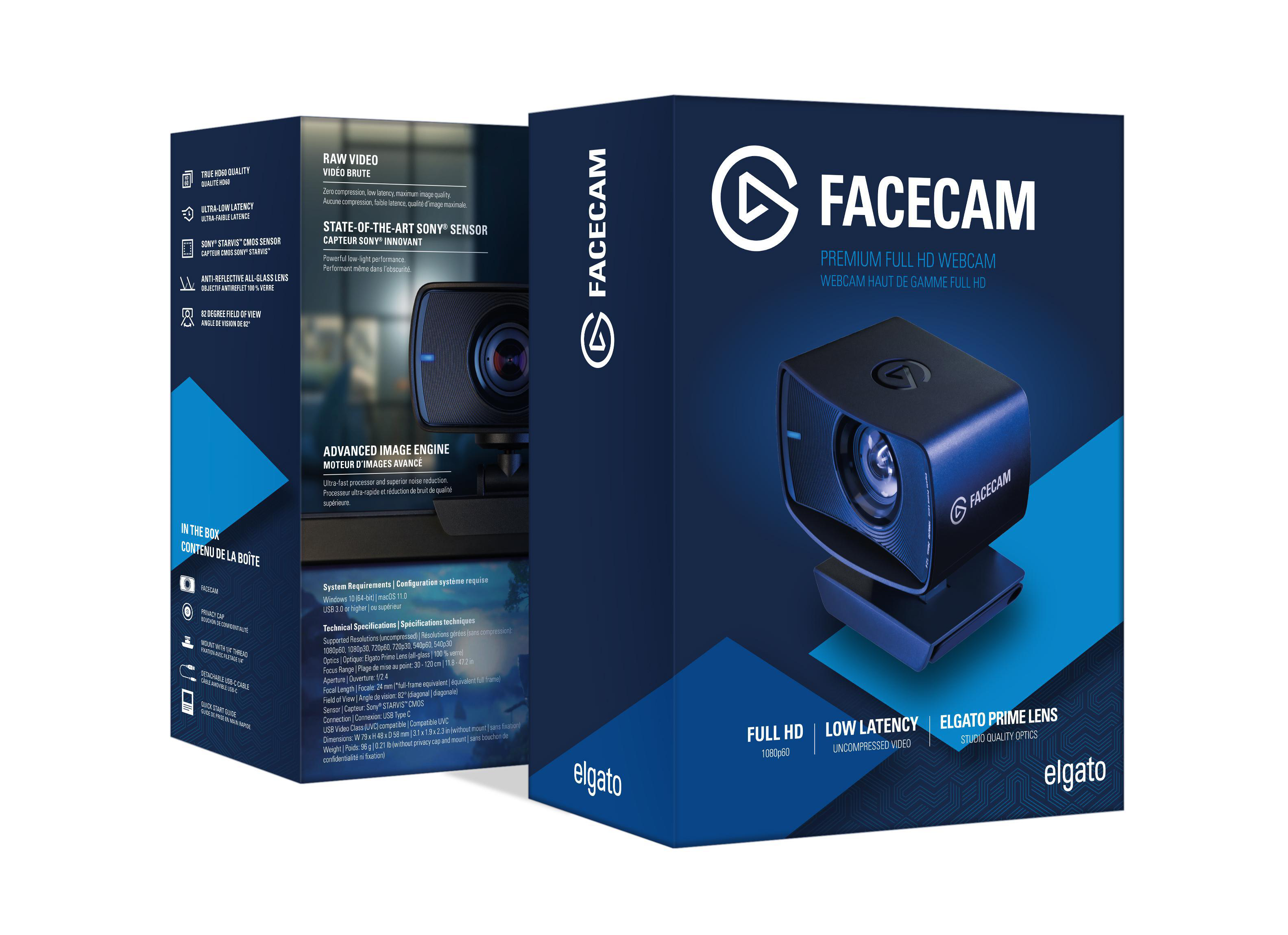 Elgato Facecam-Box mit Vorder- und Seitenansicht, die die Kamera zeigt.