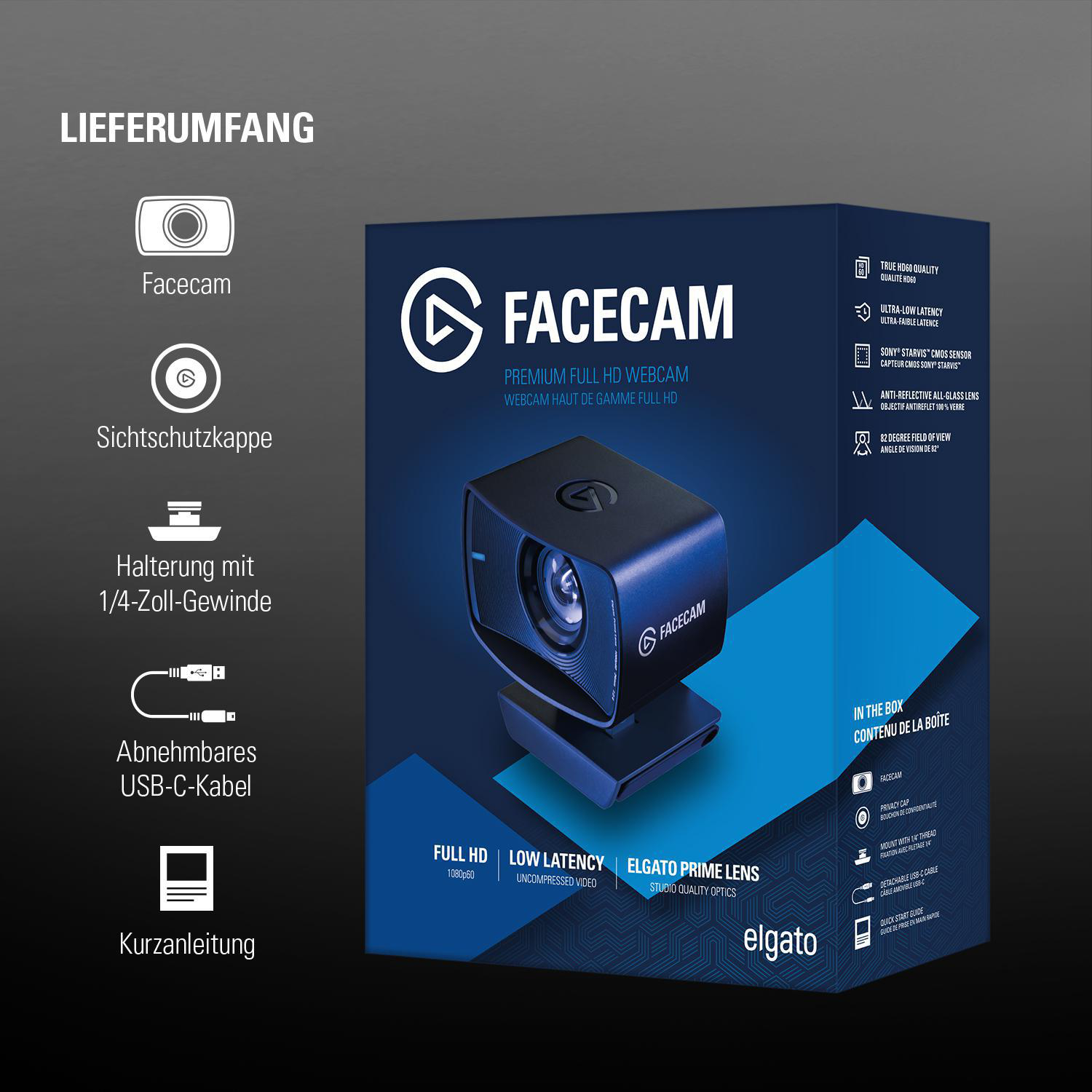 Facecam-Box mit Webcam, Abdeckung, Kabel und Anweisungen.