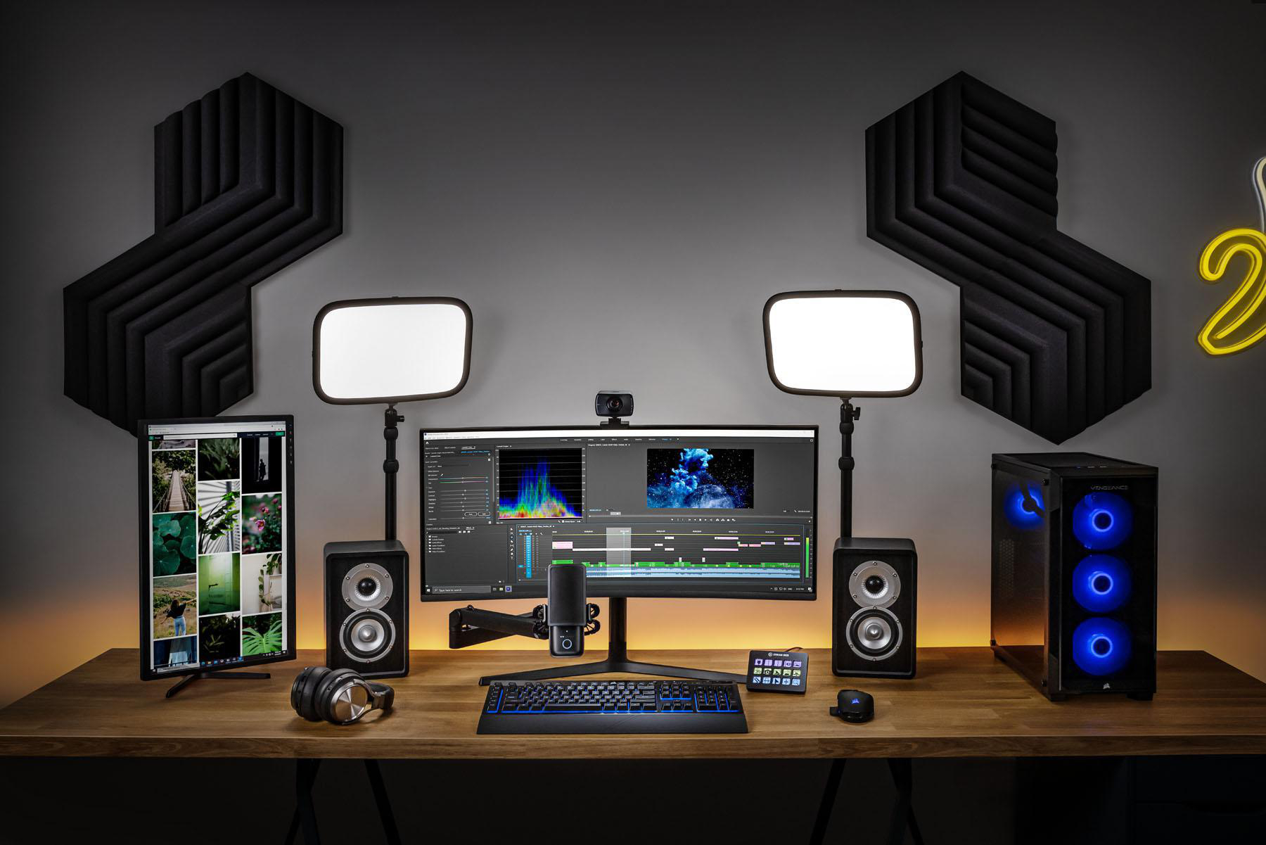 Ein Schreibtisch-Setup mit Computer, Monitoren, Lautsprechern und Studiobeleuchtung auf grauem Hintergrund.