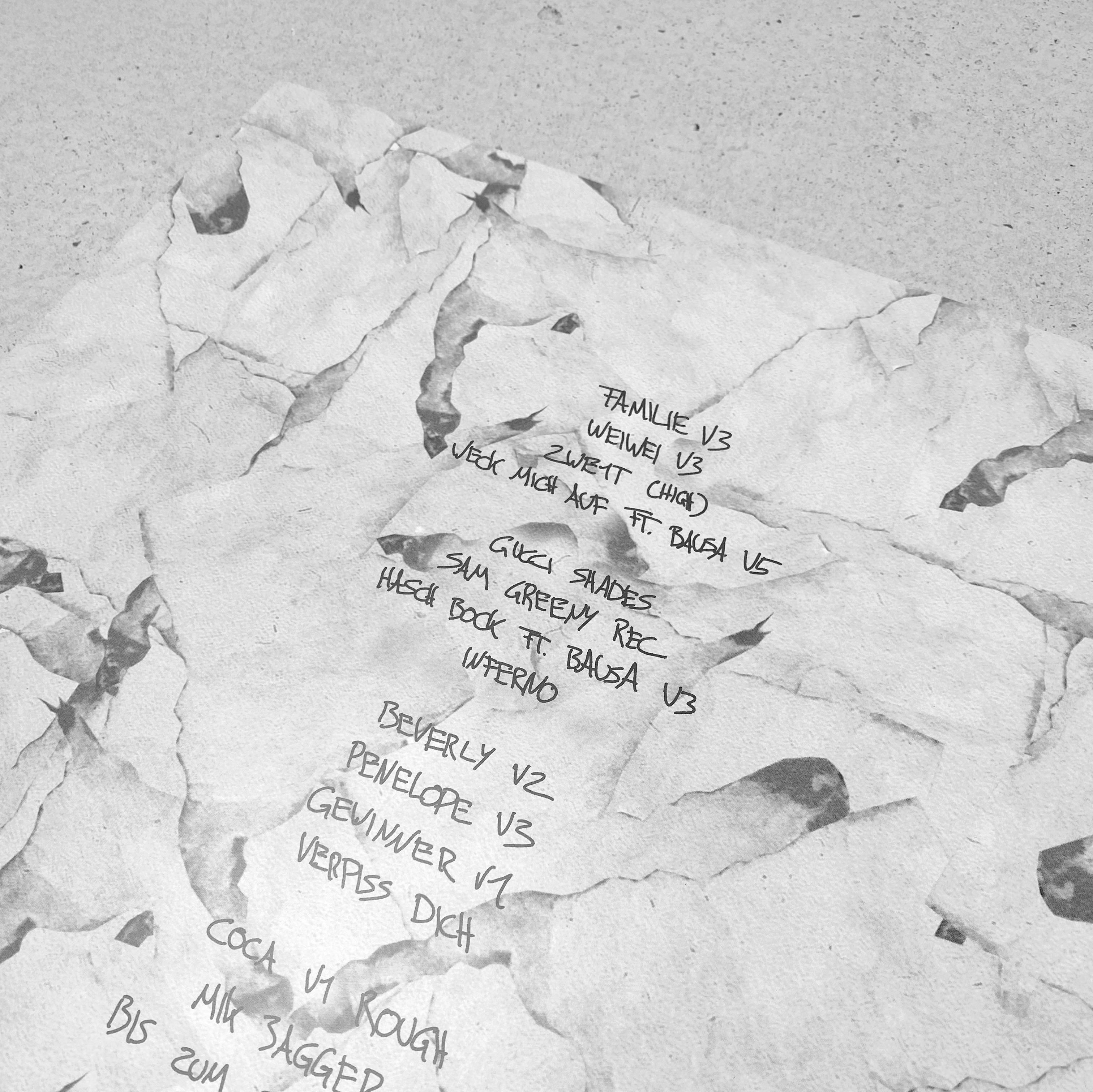 Zerrissenes Papier mit handschriftlichem Text. Schwarze Tinte auf weiß-grauem Hintergrund.