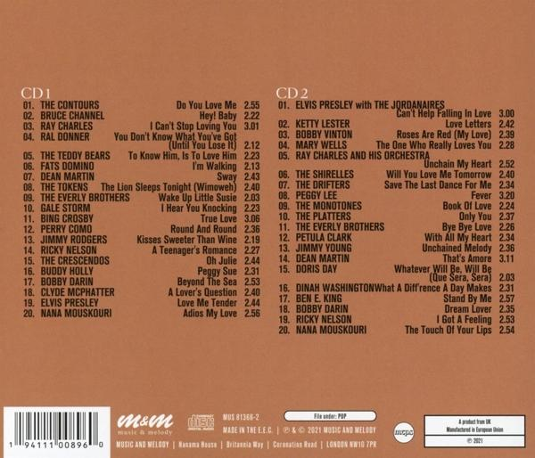 Rückseite einer CD-Hülle mit Titellisten von zwei CDs. Brauner Hintergrund.