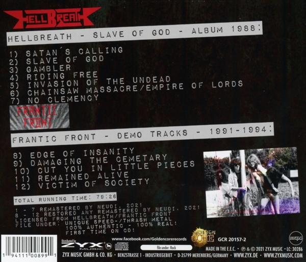 Eine CD-Hülle mit einer Liste der Songtitel und Bandmitglieder, mit einem Bandfoto auf schwarzem Hintergrund.