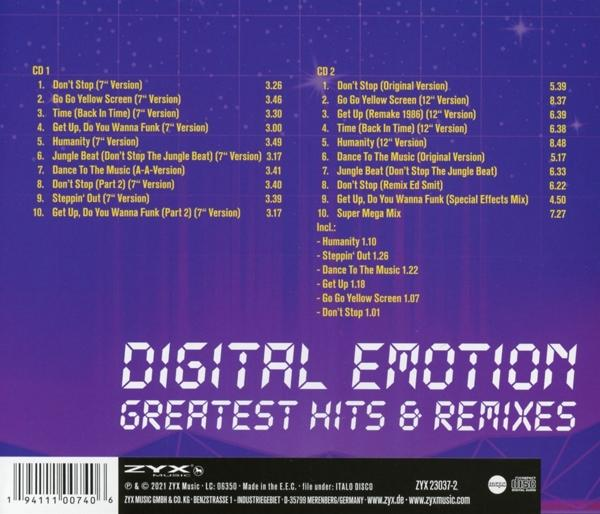 CD-Cover mit Songtiteln und Titellisten. Mit lila Hintergrund und weißem Text. Digital Emotion.