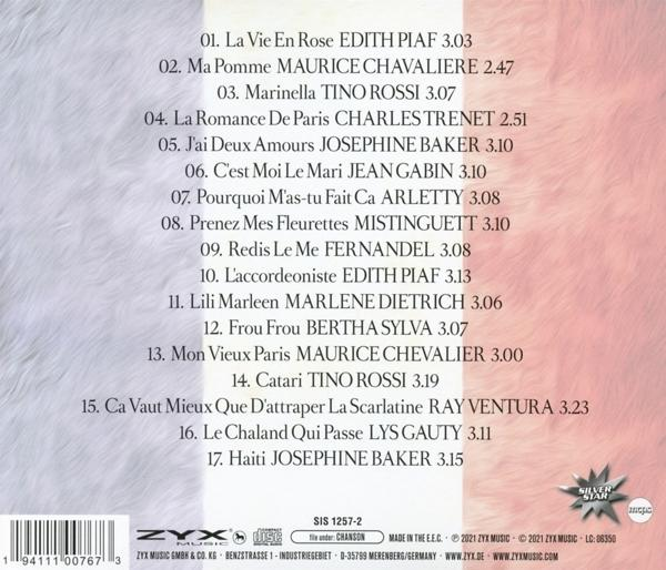 Ein Musik-CD-Cover mit einer Liste von Liedern und Künstlernamen, mit rotem und blauem Design.