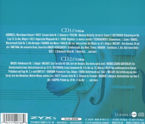 CD-Cover mit Noten und Text, Blau- und Weißtöne.
