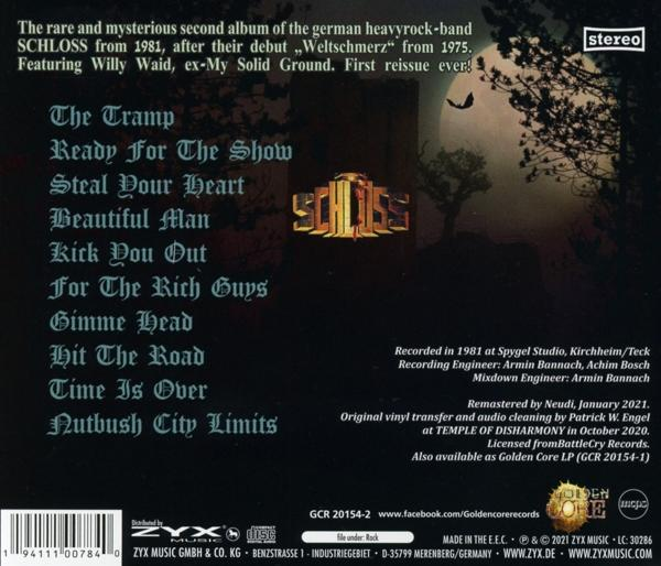 CD-Cover mit Text über eine Band und einer Liste von Songs auf dunklem Hintergrund.