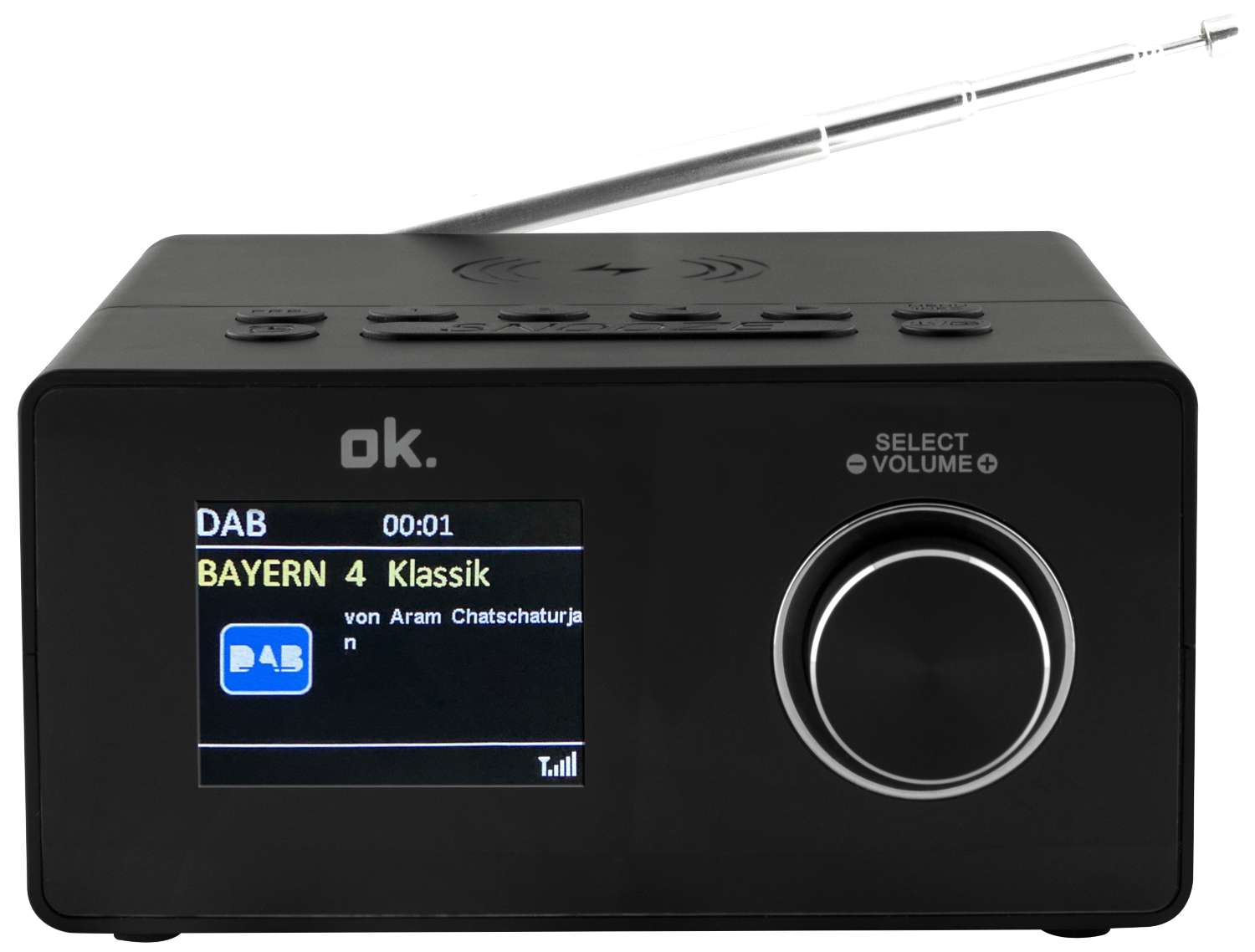 Radio DAB noire avec un écran affichant une station de radio. Dispose d'un bouton de volume et d'une antenne.