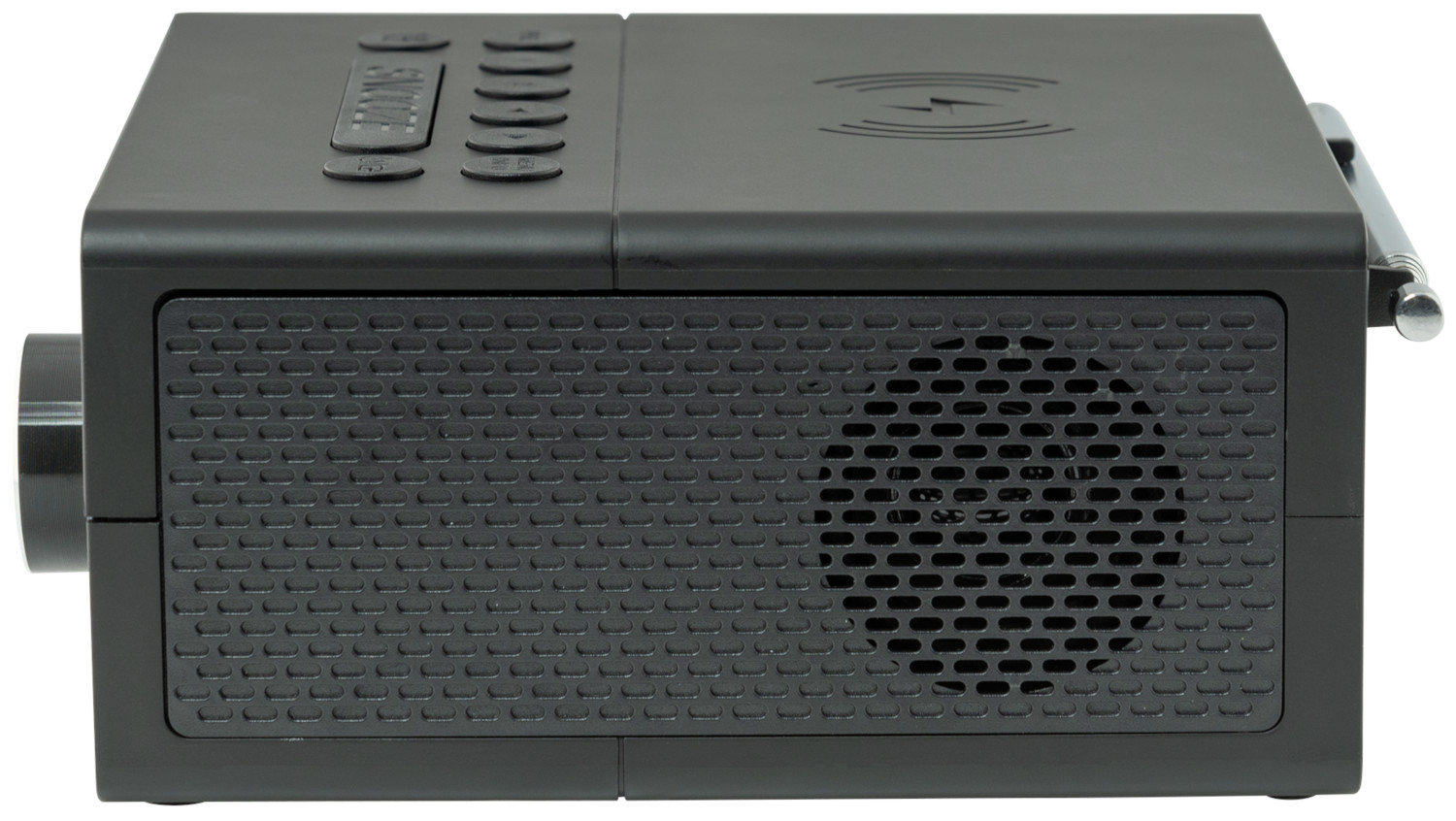 Radio-réveil numérique noir avec un symbole de chargement sans fil.