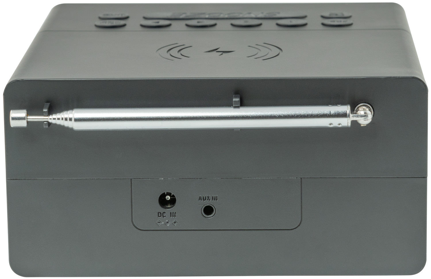 Radio gris foncé de style rétro avec antenne, entrée CC et ports aux.