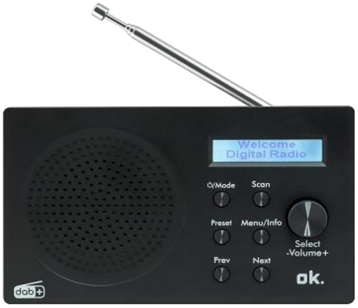 Radio numérique DAB+ noire avec boutons et écran. Elle possède une antenne et le logo ok.