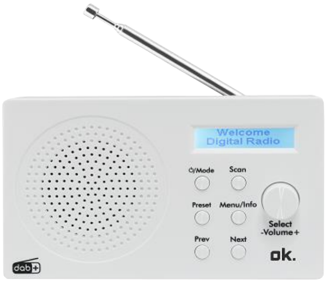 Witte digitale radio met een scherm met 'Welcome Digital Radio'. Knoppen en een draaiknop.