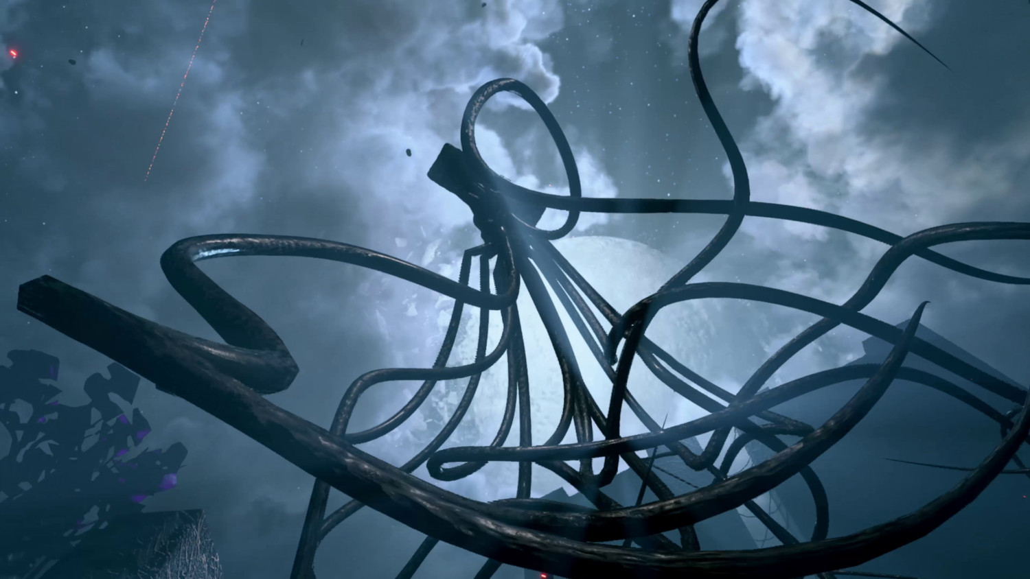 Abstract beeld van donkere, golvende tentakels tegen een bewolkte, donkere lucht.