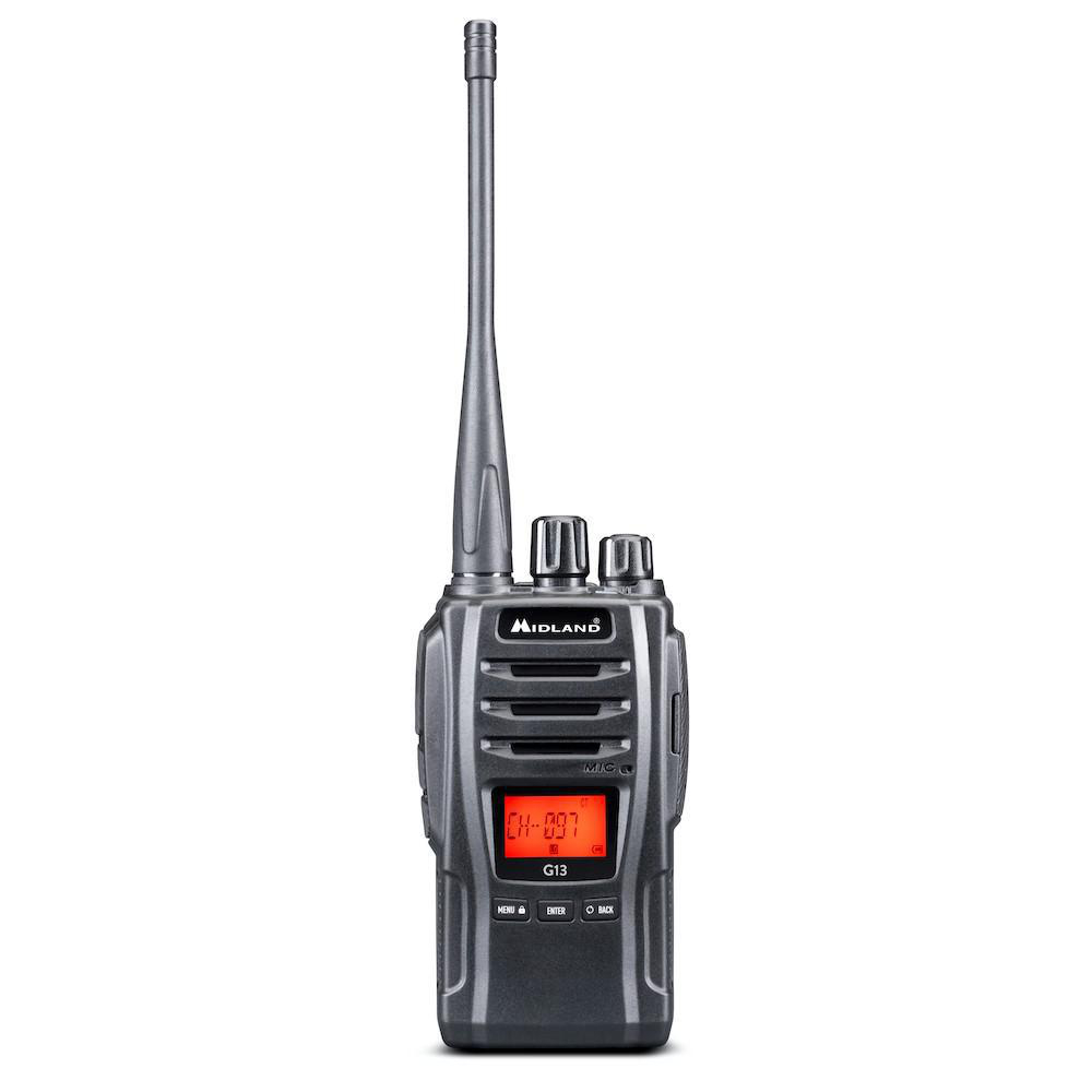 Midland G13 Walkie-Talkie, schwarzes Gehäuse, rotes Display und Antenne.
